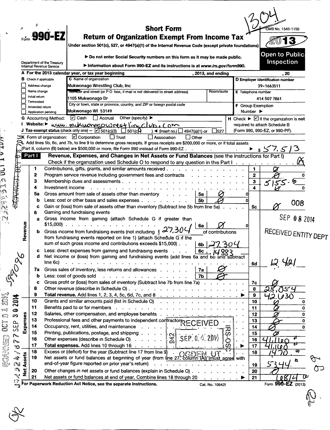 Image of first page of 2012 Form 990EZ for Mukwonago Wrestling Club