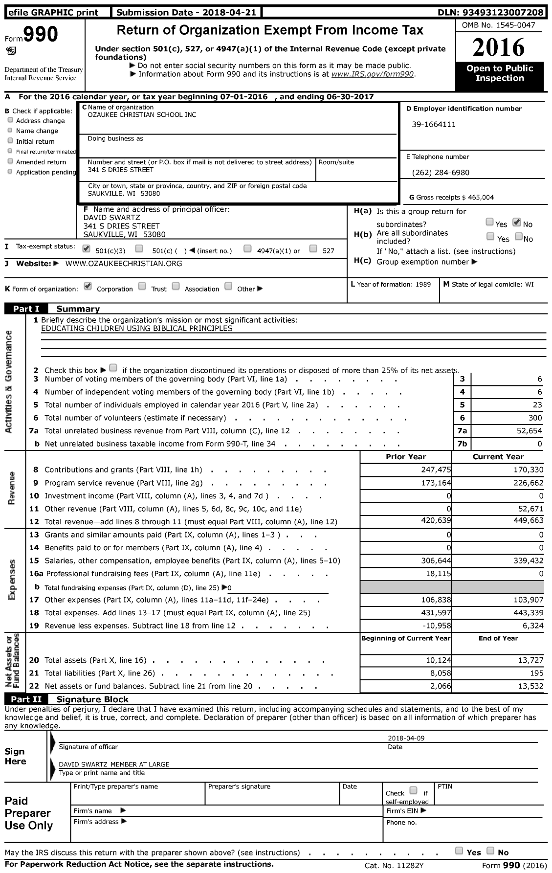 Image of first page of 2016 Form 990 for Ozaukee Christian School