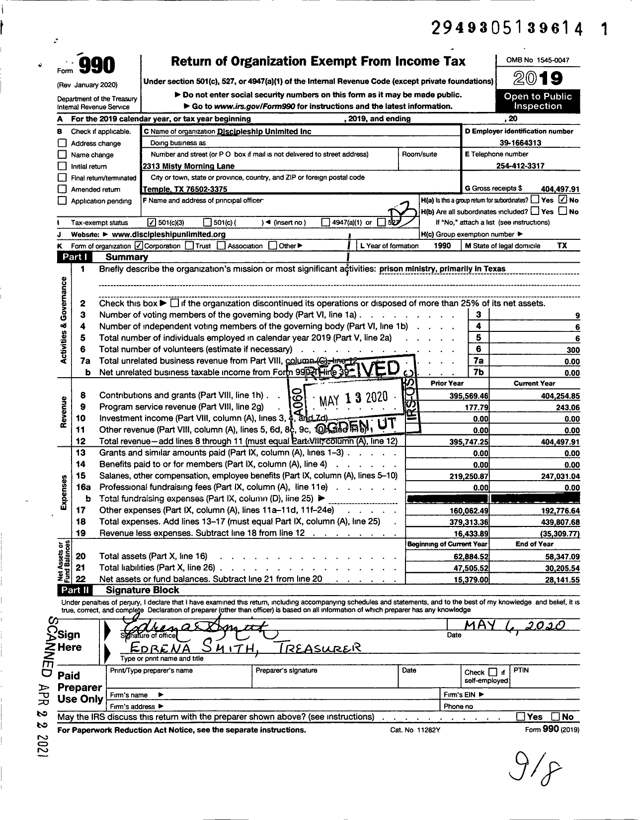 Image of first page of 2019 Form 990 for Discipleship Unlimited