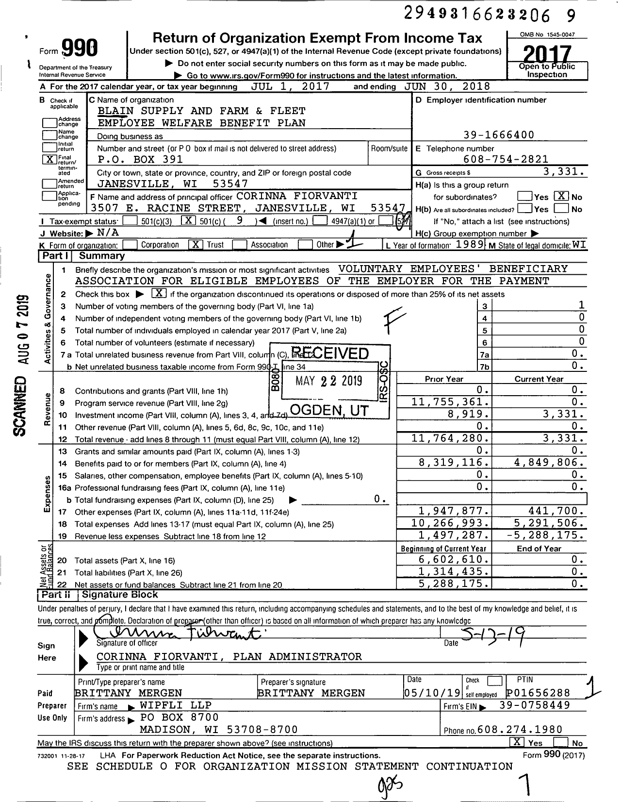 Image of first page of 2017 Form 990O for Blain Supply and Farm & Fleet Employee Welfare Benefit Plan