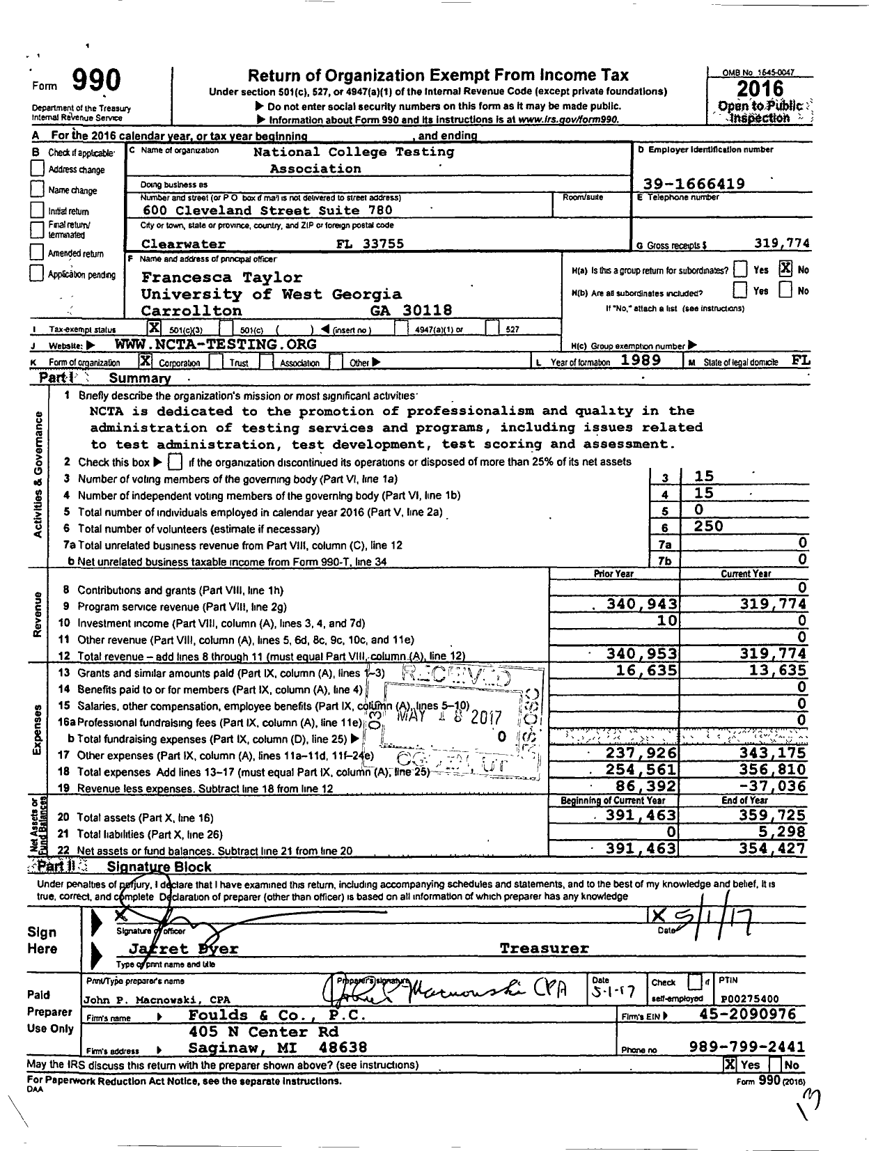 Image of first page of 2016 Form 990 for National College Testing Association
