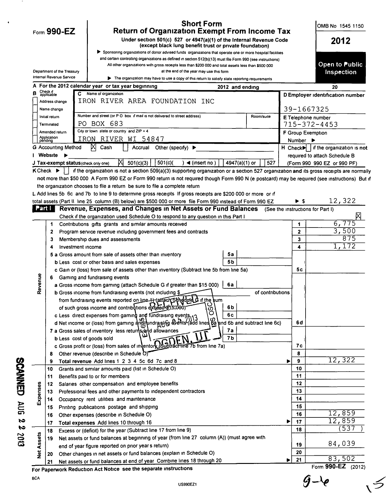 Image of first page of 2012 Form 990EZ for Iron River Area Foundation