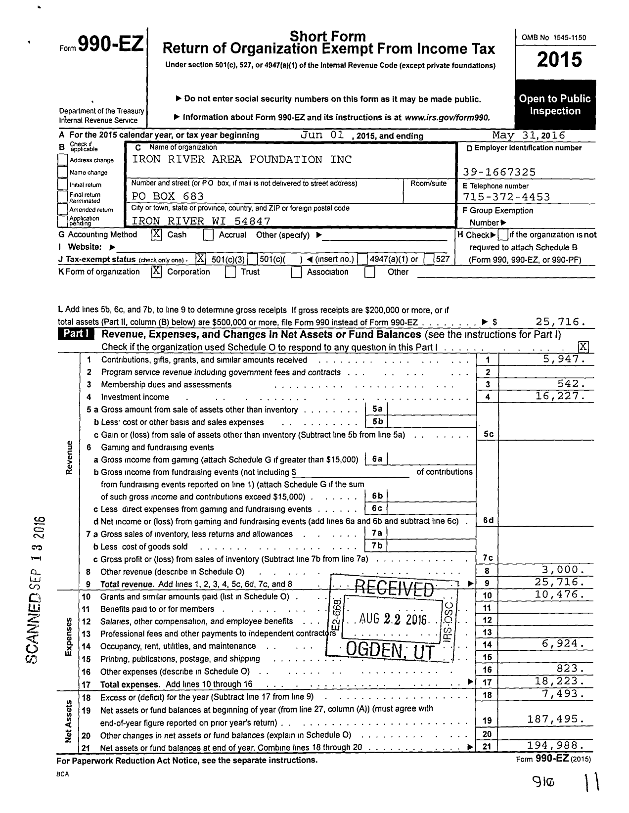 Image of first page of 2015 Form 990EZ for Iron River Area Foundation