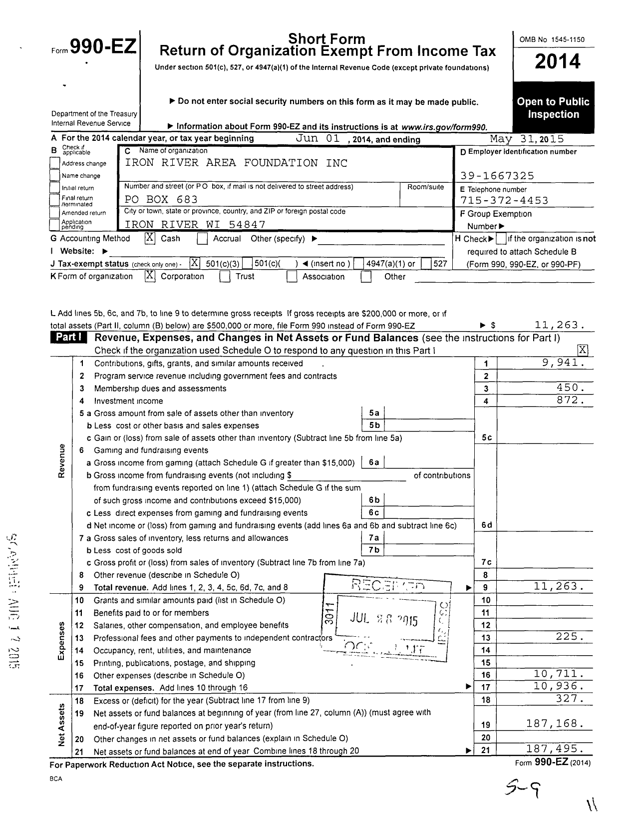 Image of first page of 2014 Form 990EZ for Iron River Area Foundation