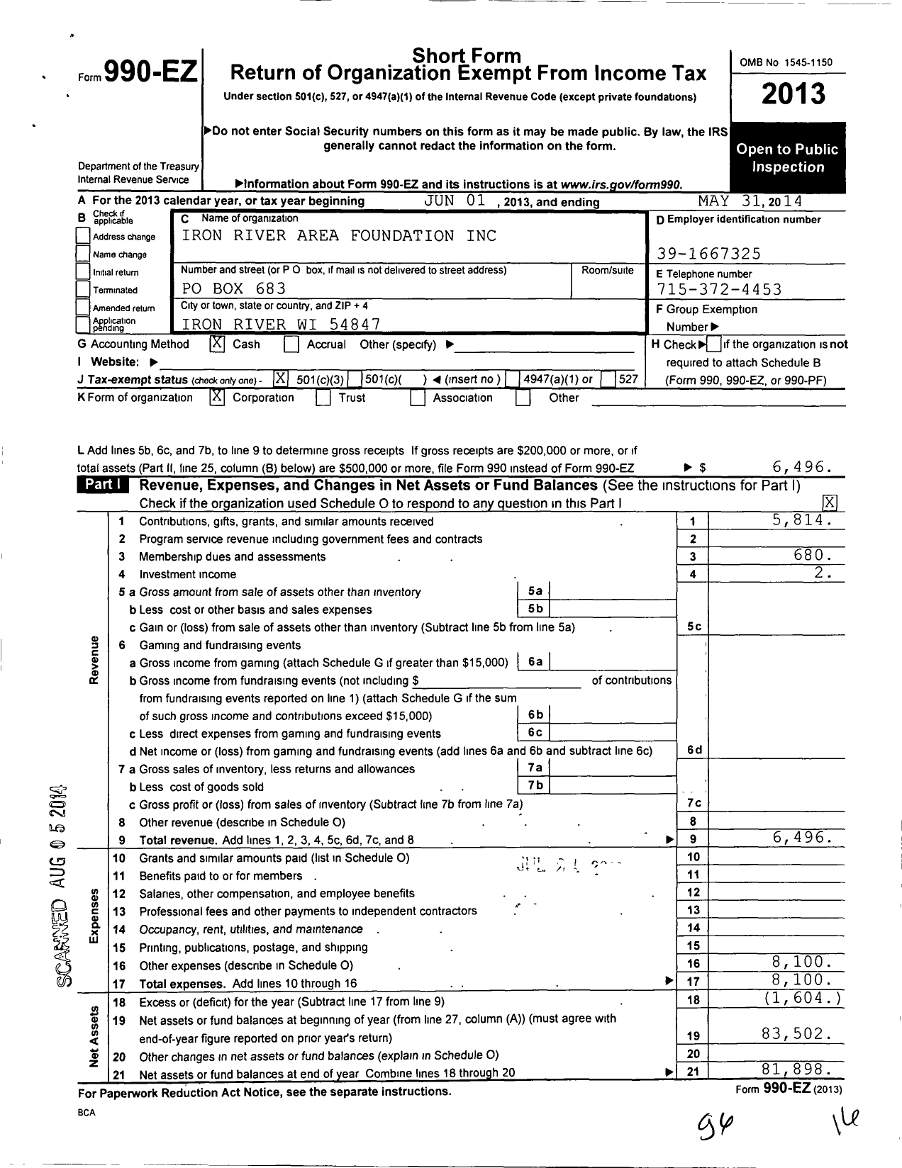 Image of first page of 2013 Form 990EZ for Iron River Area Foundation