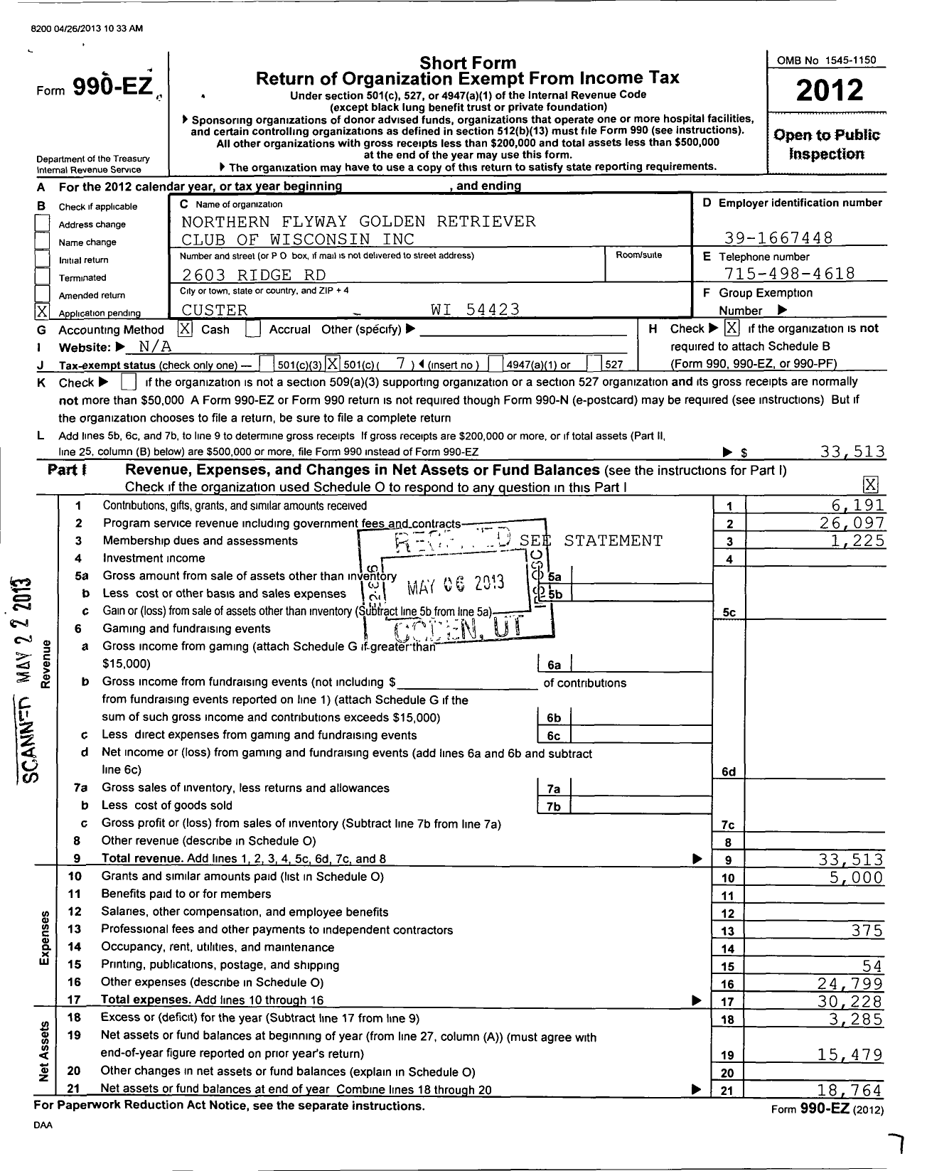 Image of first page of 2012 Form 990EO for Northern Flyway Golden Retriever Club of Wisconsin