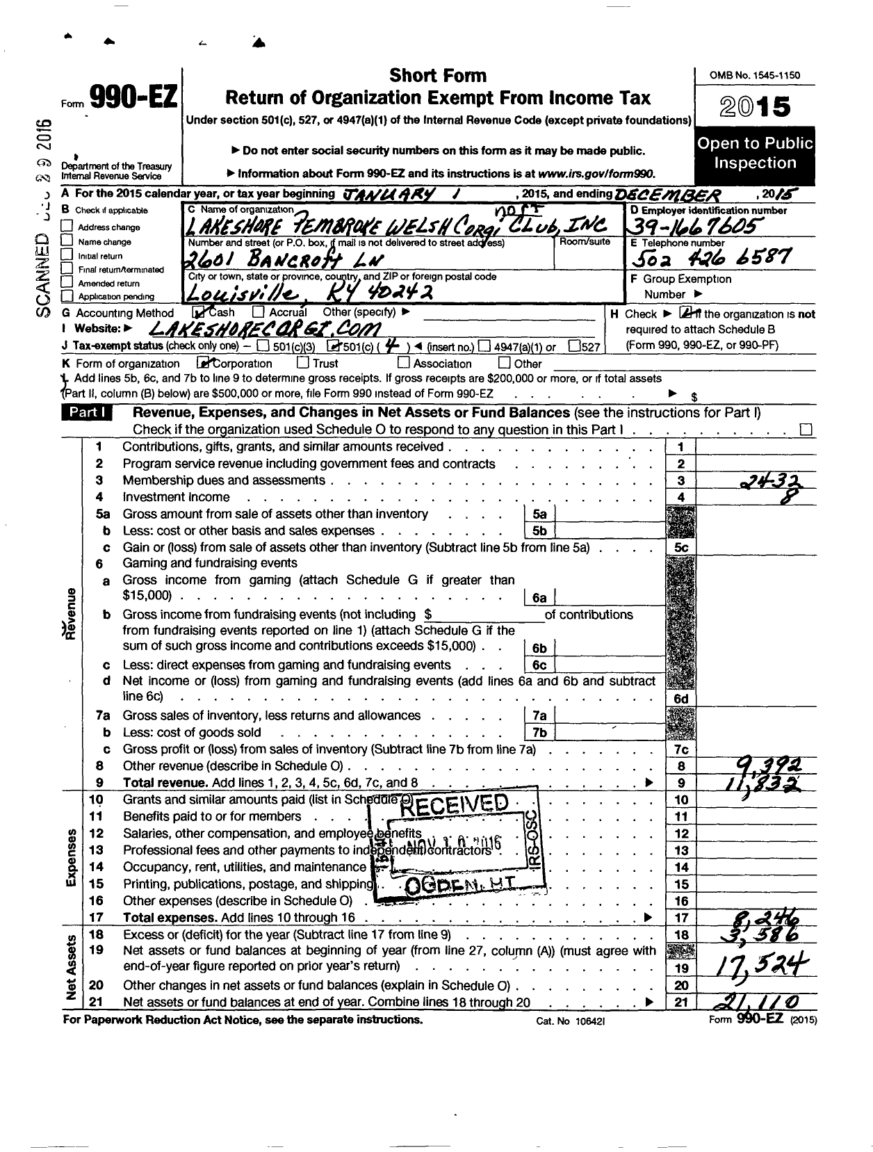 Image of first page of 2015 Form 990EO for Northern Illinois Pembroke Welsh Corgi Club