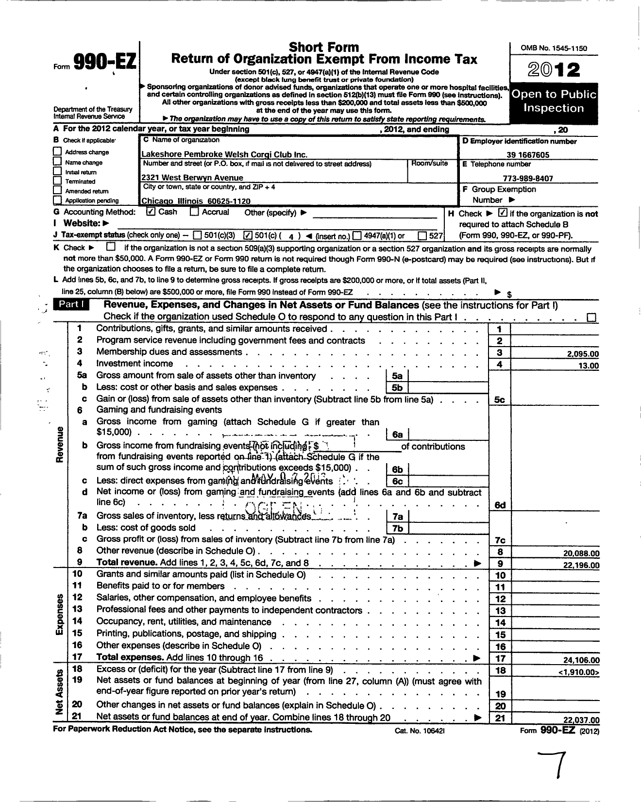 Image of first page of 2012 Form 990EO for Northern Illinois Pembroke Welsh Corgi Club