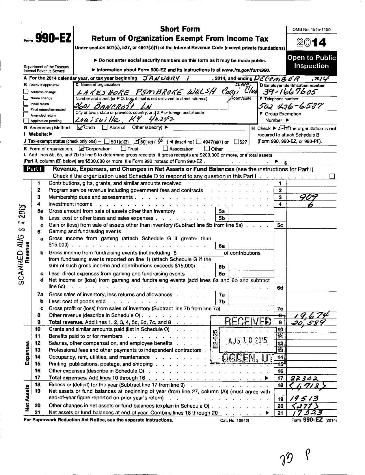 Image of first page of 2014 Form 990EO for Northern Illinois Pembroke Welsh Corgi Club