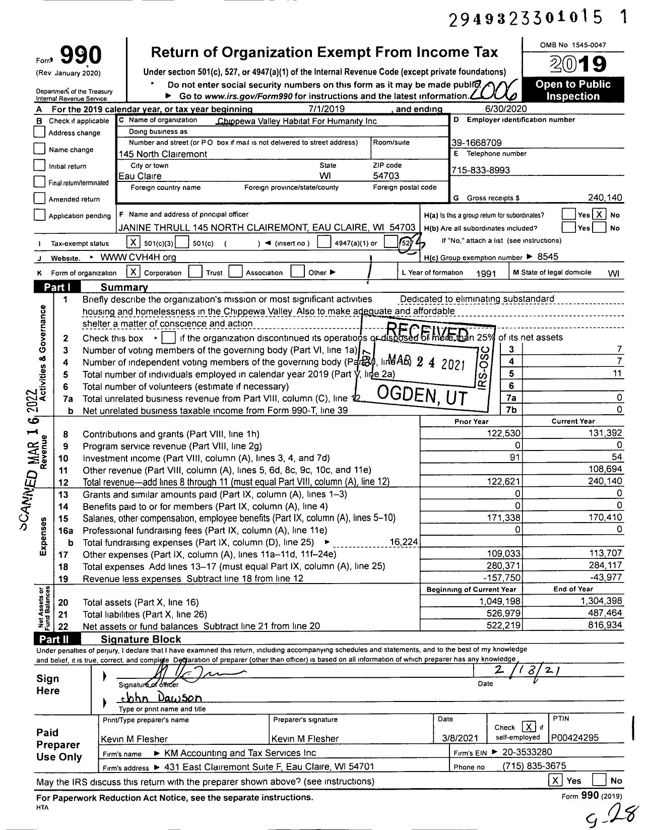 Image of first page of 2019 Form 990 for Habitat For Humanity - Chippewa Valley HFH