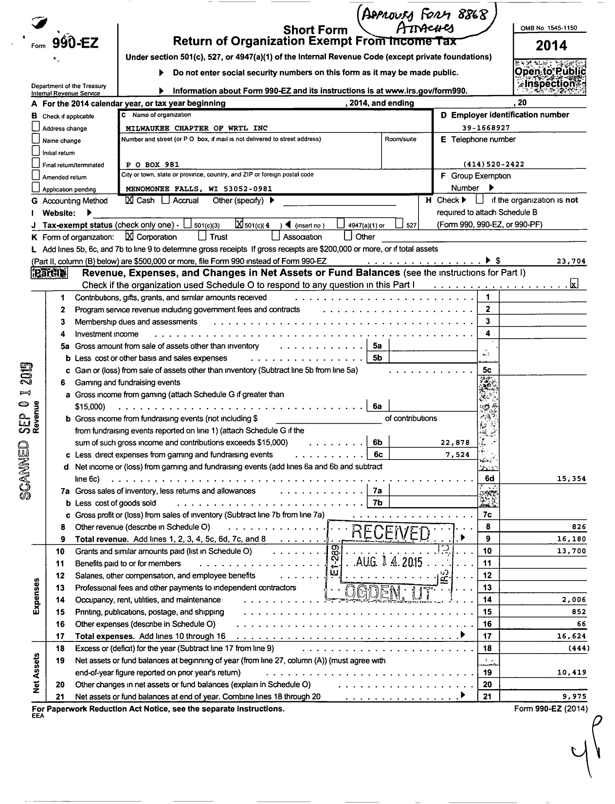 Image of first page of 2014 Form 990EO for Milwaukee Chapter of Wisconsin Right To Life