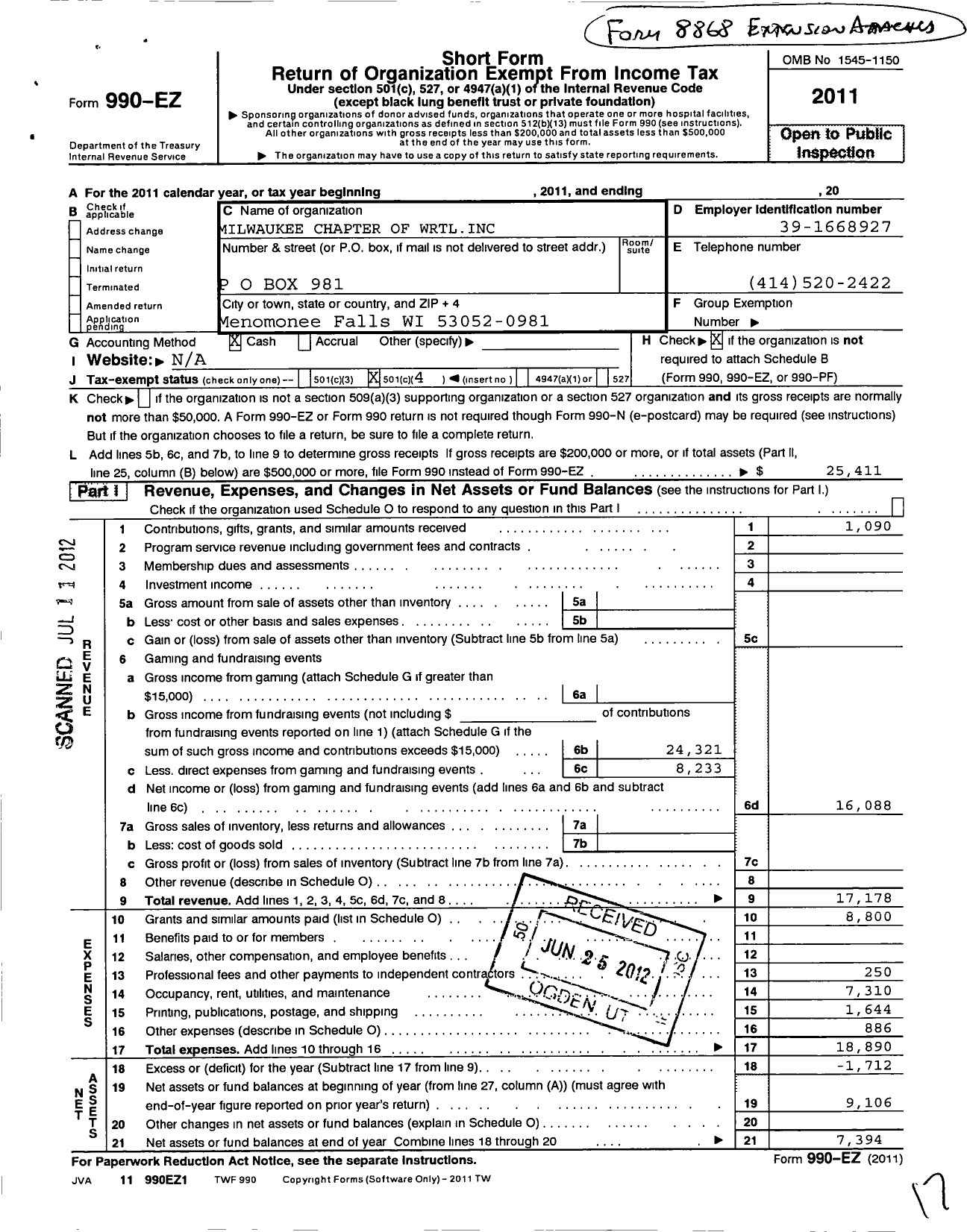 Image of first page of 2011 Form 990EO for Milwaukee Chapter of Wisconsin Right To Life