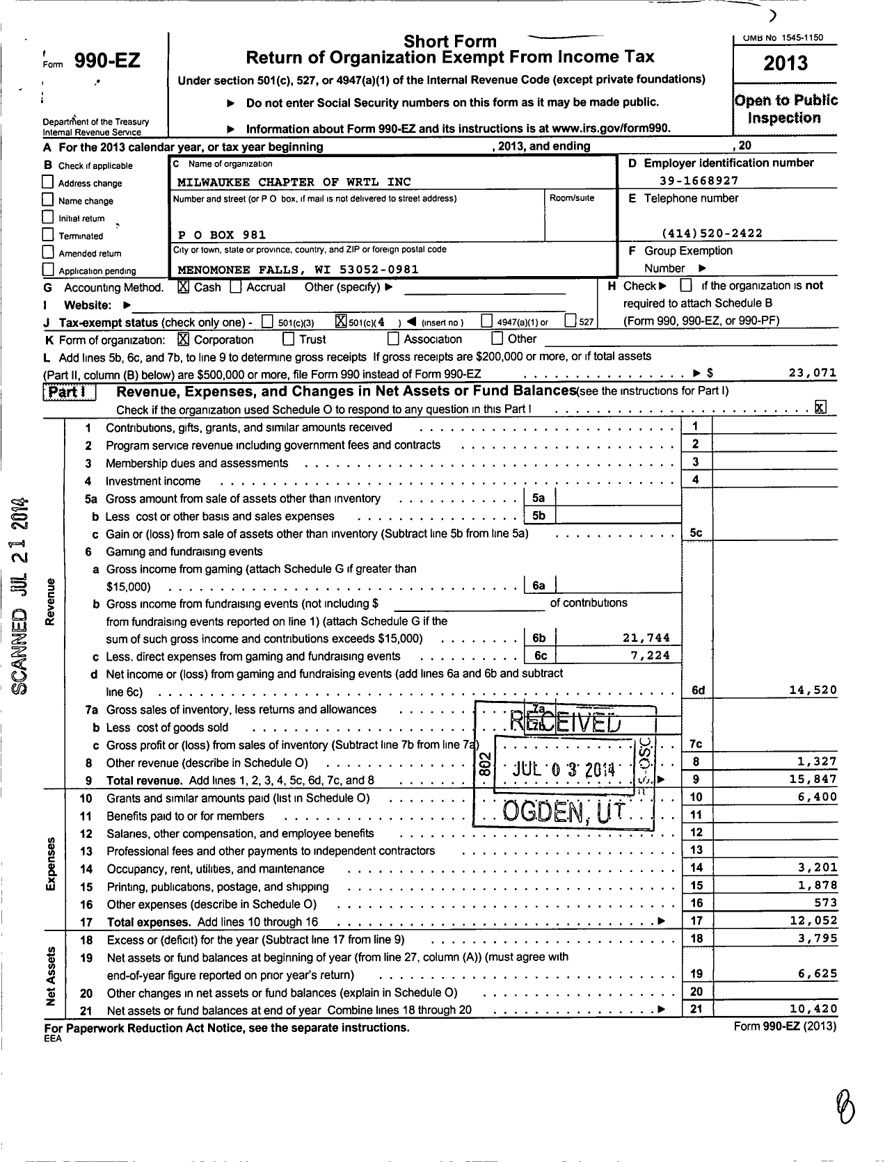 Image of first page of 2013 Form 990EO for Milwaukee Chapter of Wisconsin Right To Life