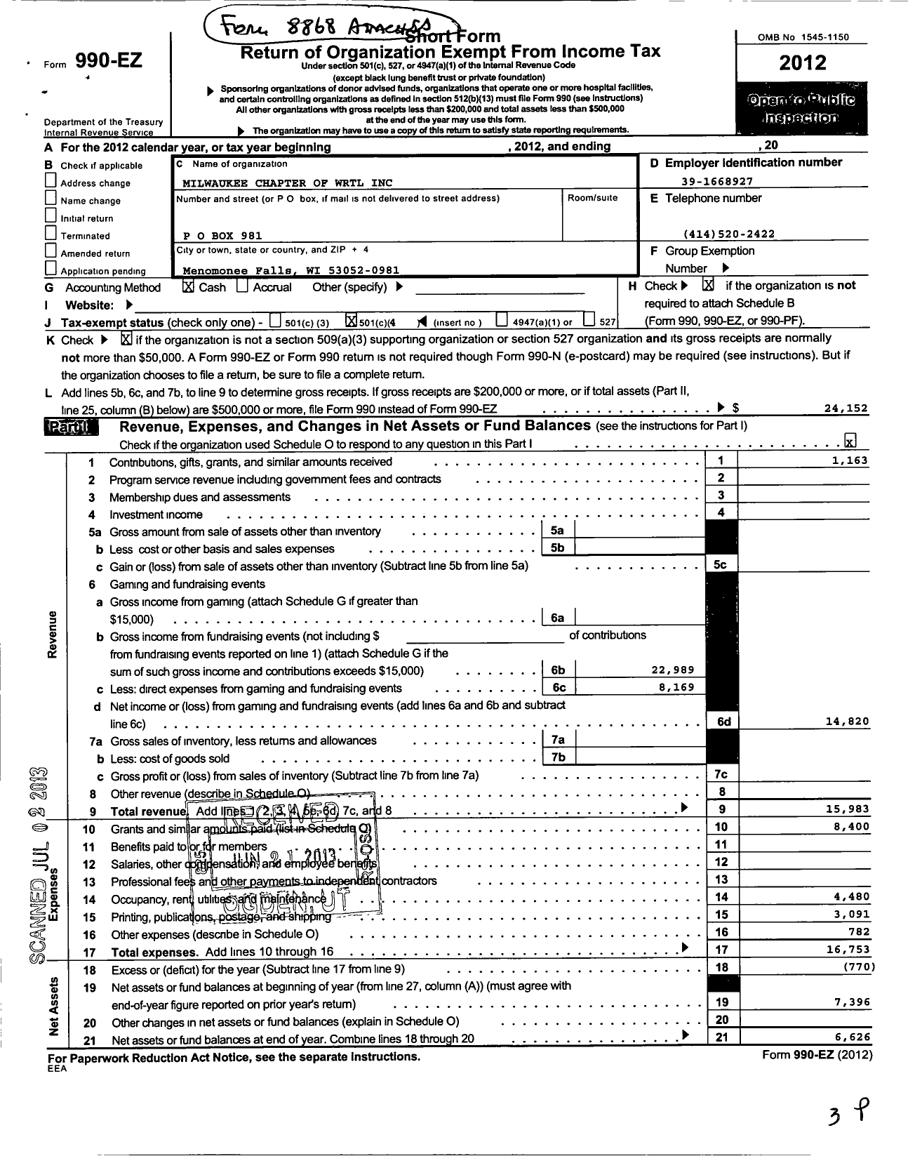 Image of first page of 2012 Form 990EO for Milwaukee Chapter of Wisconsin Right To Life