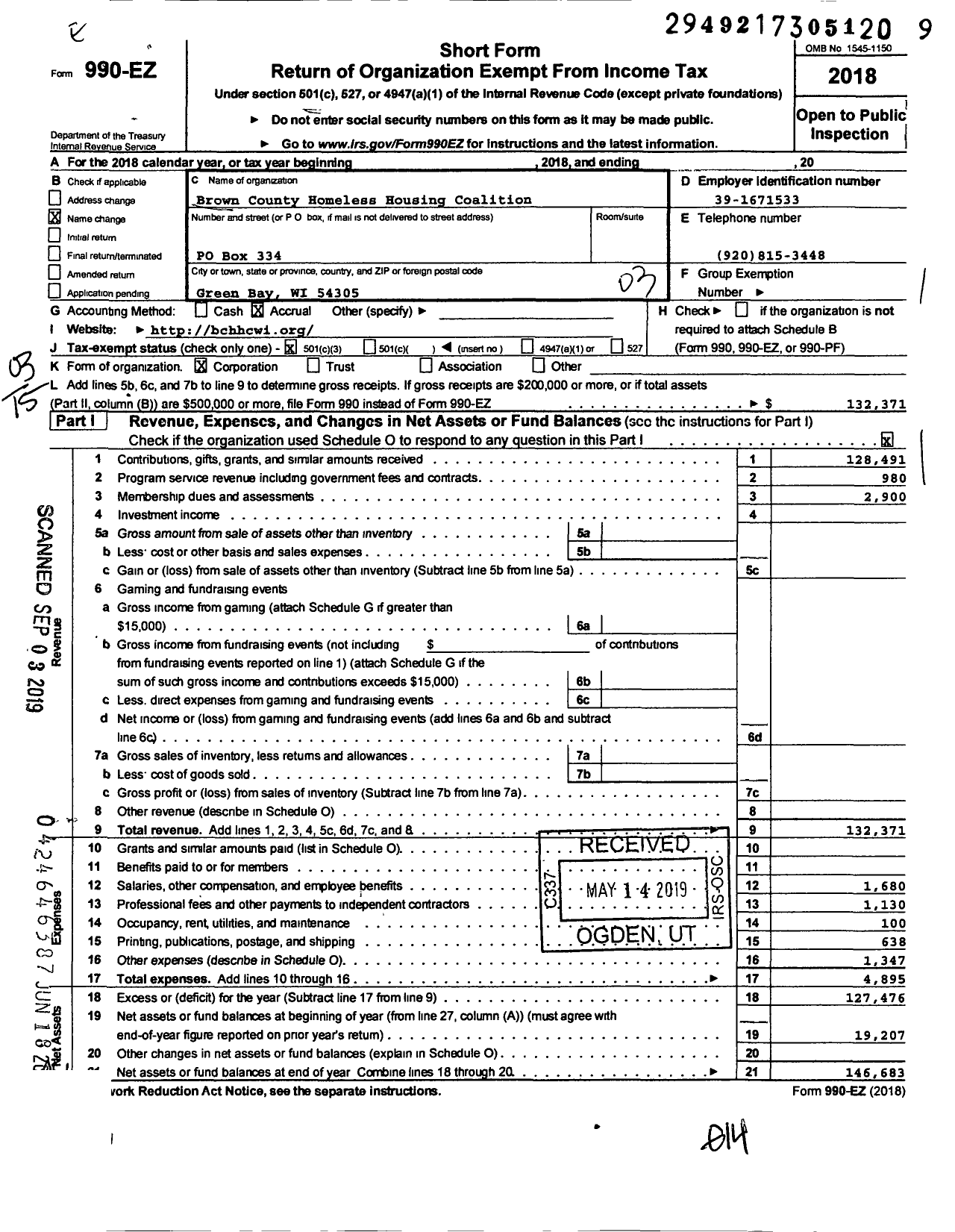 Image of first page of 2018 Form 990EZ for Brown County Homeless Housing Coalition