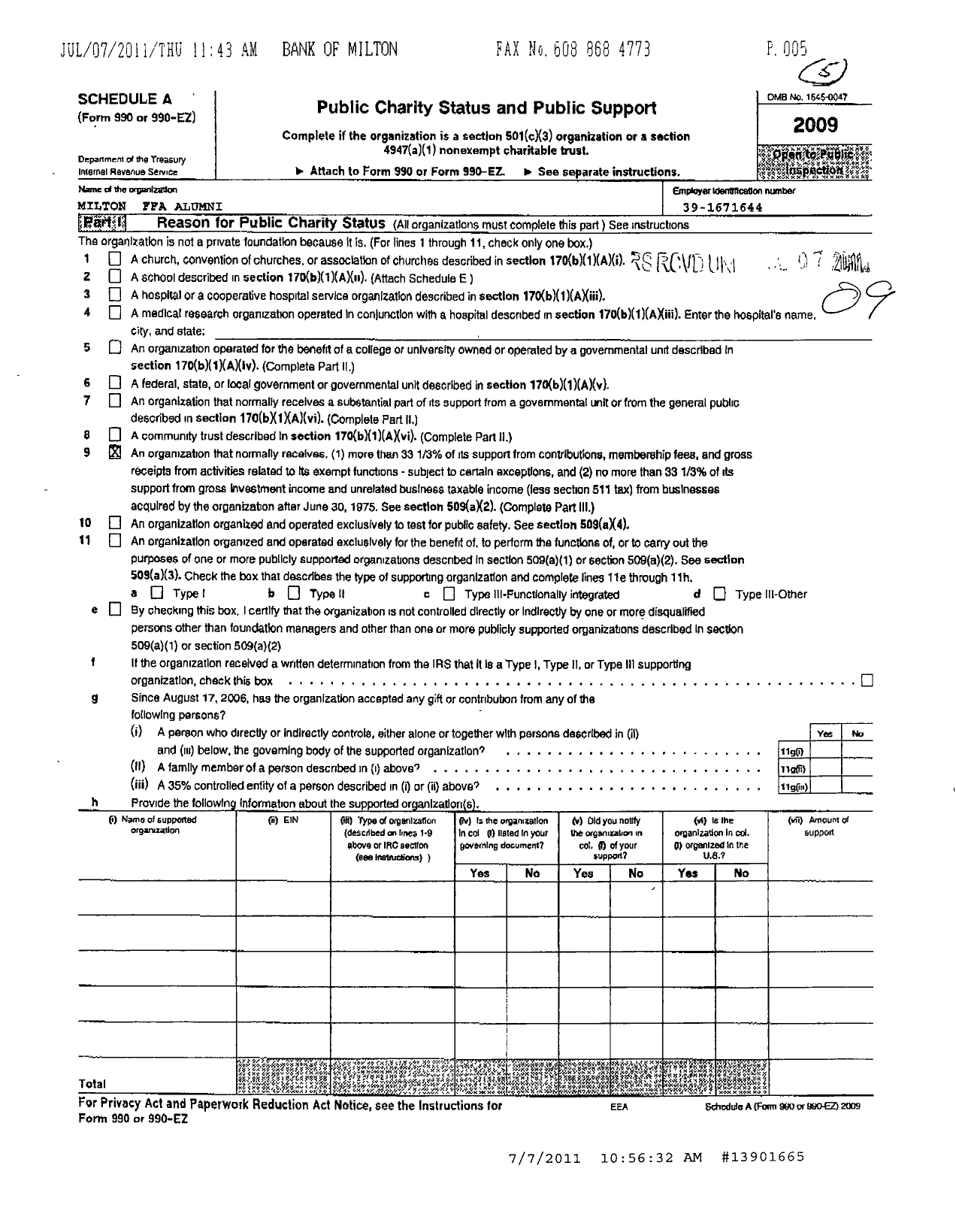 Image of first page of 2009 Form 990ER for Milton Ffa Alumni Association