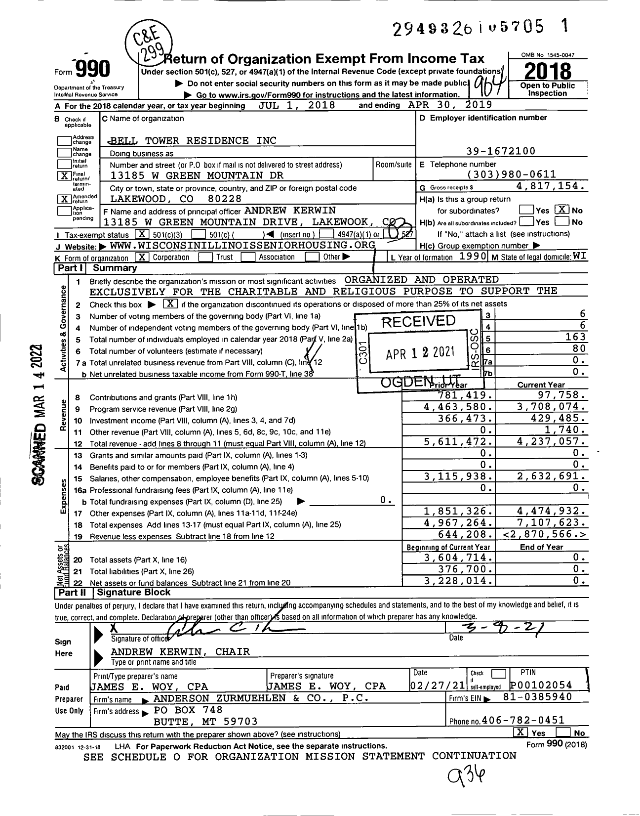 Image of first page of 2018 Form 990 for Bell Tower Residence