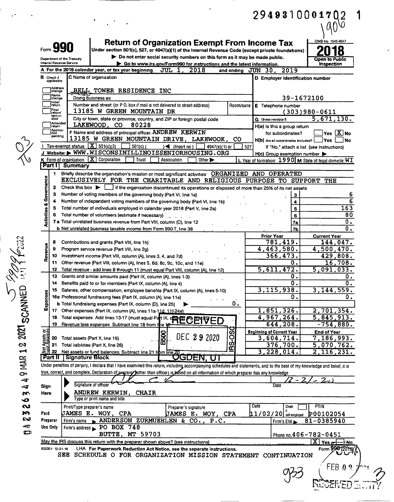 Image of first page of 2018 Form 990 for Bell Tower Residence