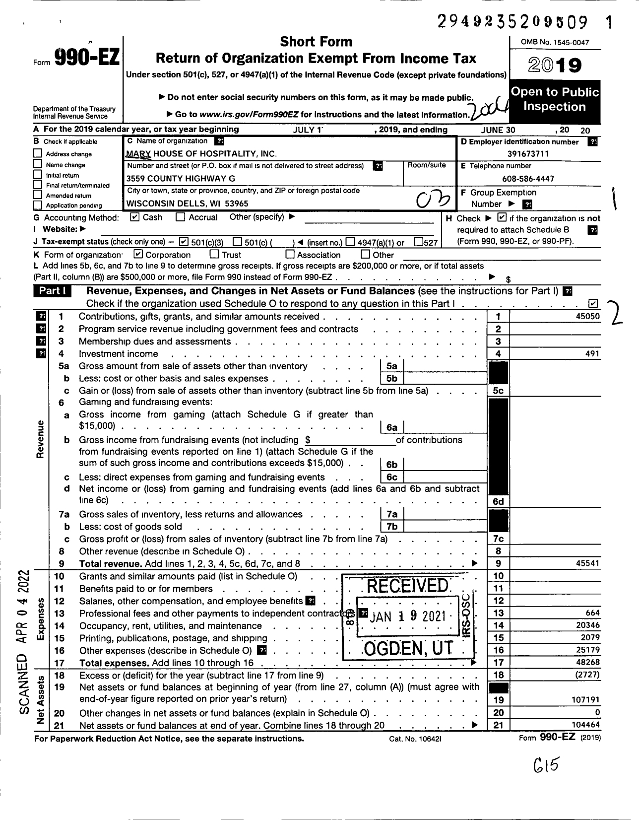 Image of first page of 2019 Form 990EZ for Mary House of Hospitality