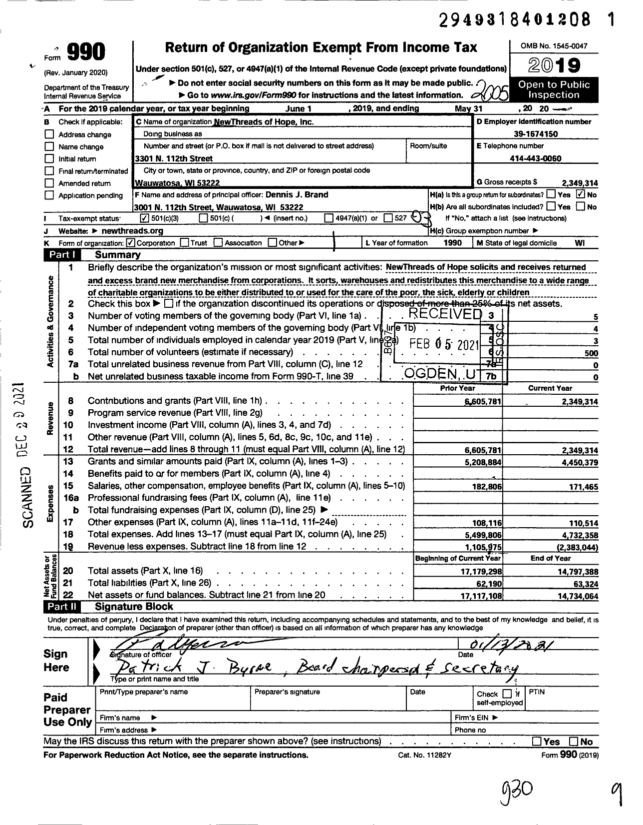 Image of first page of 2019 Form 990 for Newthreads of Hope