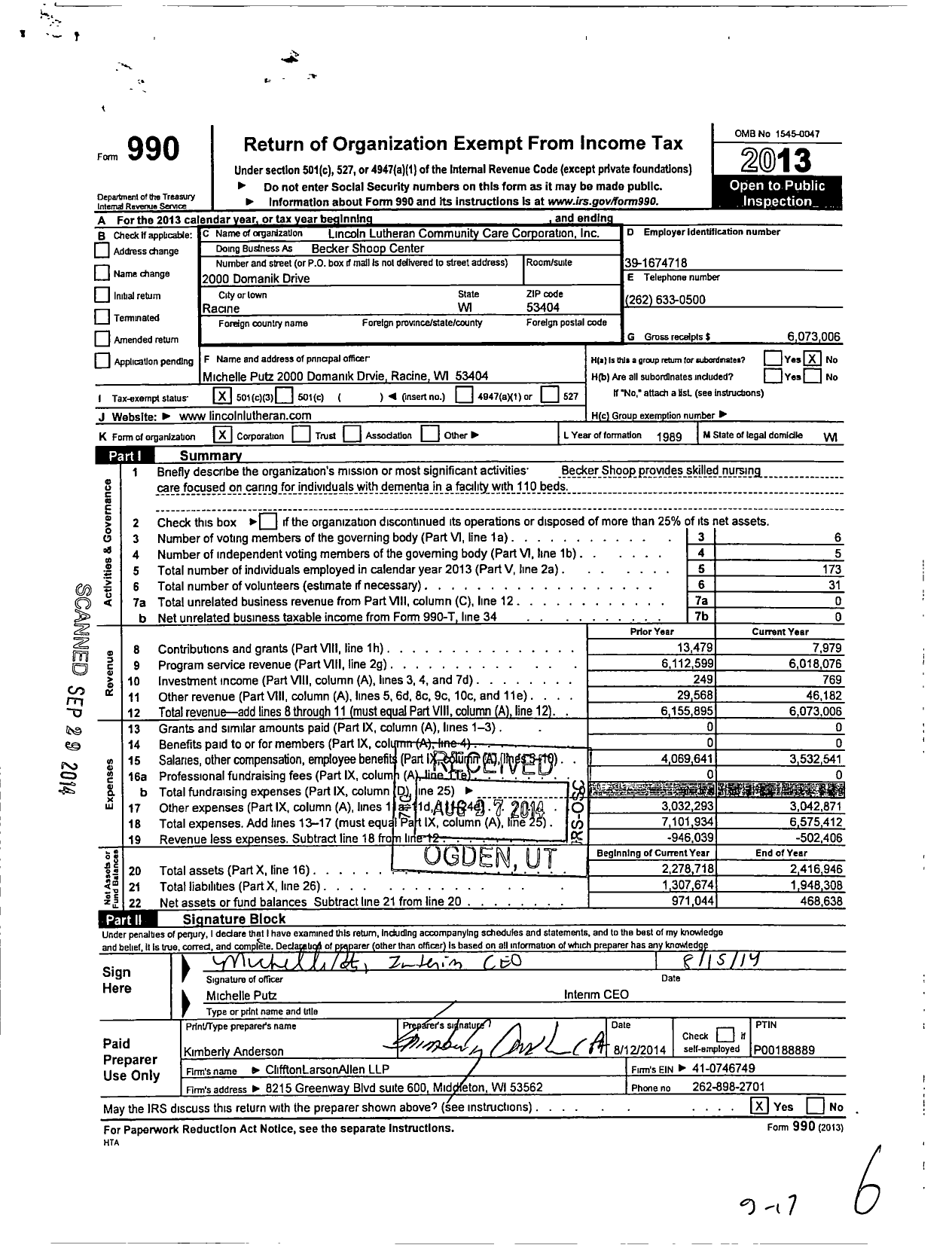 Image of first page of 2013 Form 990 for Lincoln Lutheran Community Care Corporation