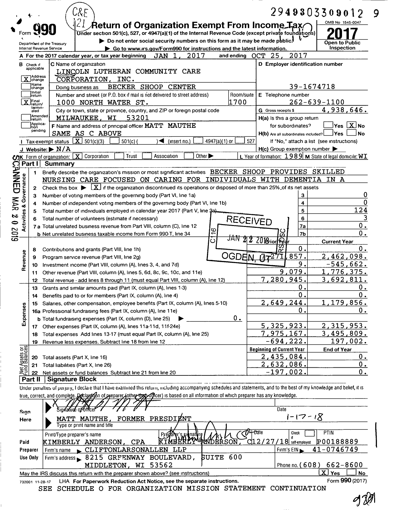 Image of first page of 2016 Form 990 for Lincoln Lutheran Community Care Corporation