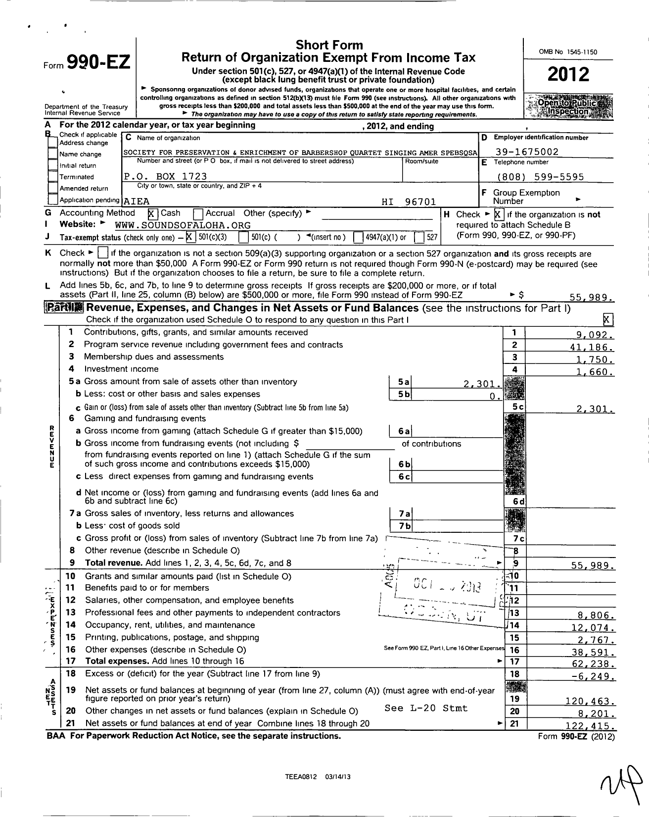 Image of first page of 2012 Form 990EZ for Barbershop Harmony Society - Do31 Aloha