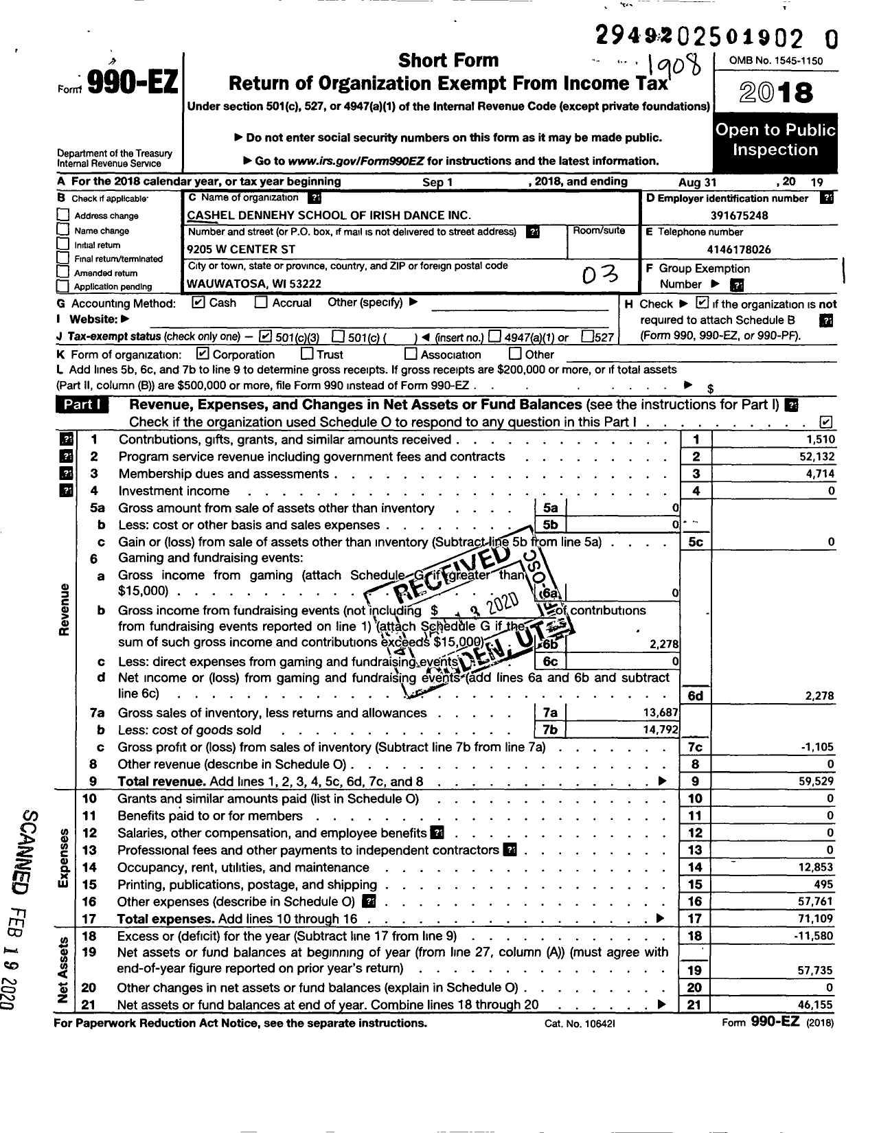 Image of first page of 2018 Form 990EZ for Cashel Dennehy School of Irish Dance