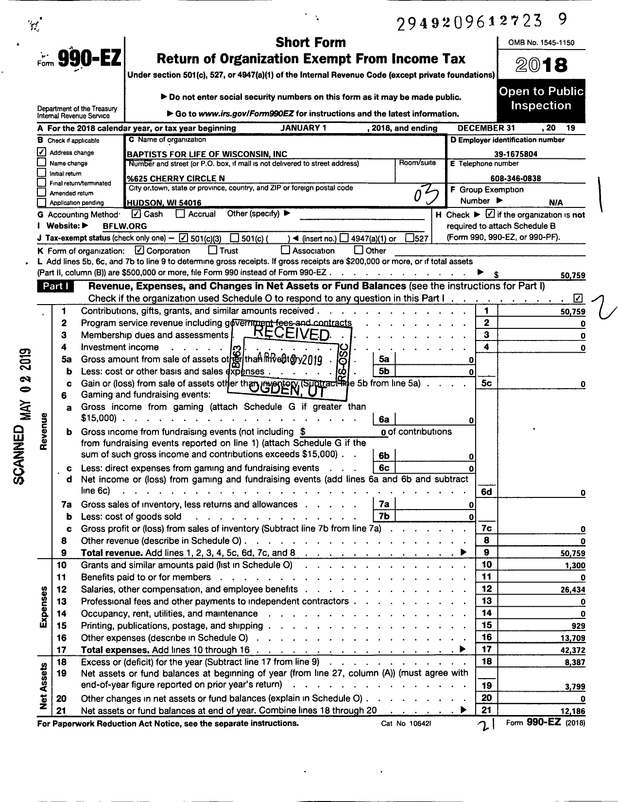 Image of first page of 2019 Form 990EZ for Baptists for Life of Wisconsin