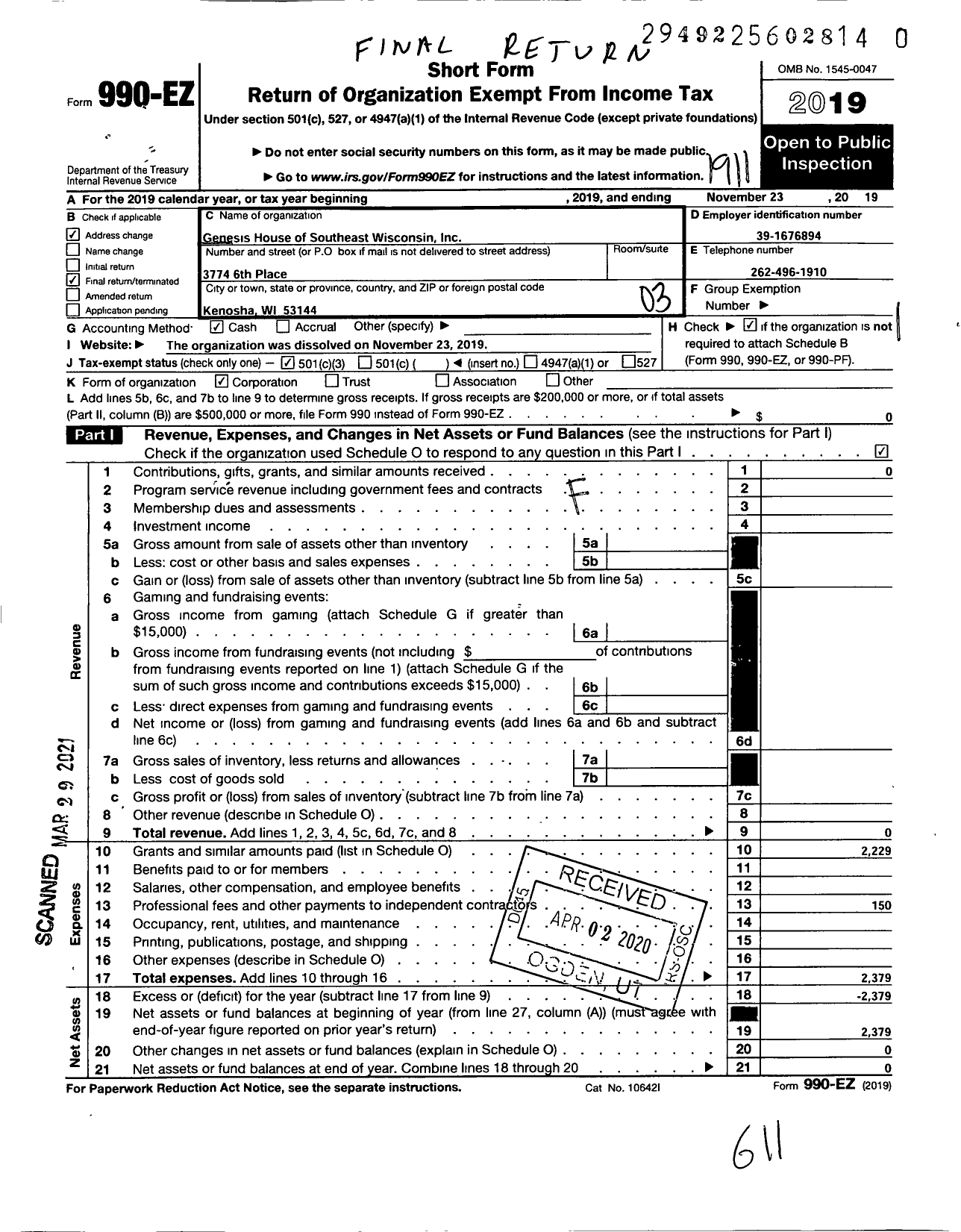 Image of first page of 2018 Form 990EZ for Genesis House of Southeast Wisconsin