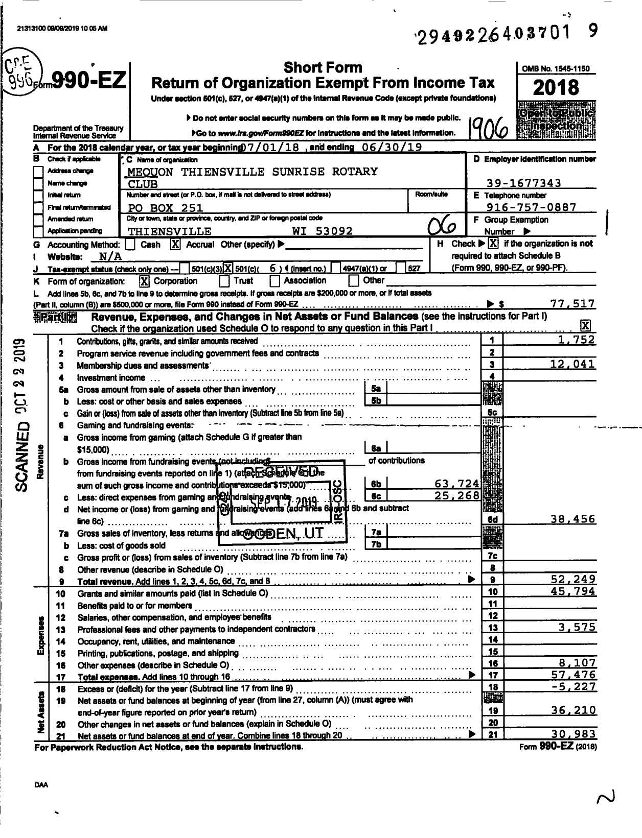 Image of first page of 2018 Form 990EO for Rotary International - Club of Mequon-Thiensville Sunrise