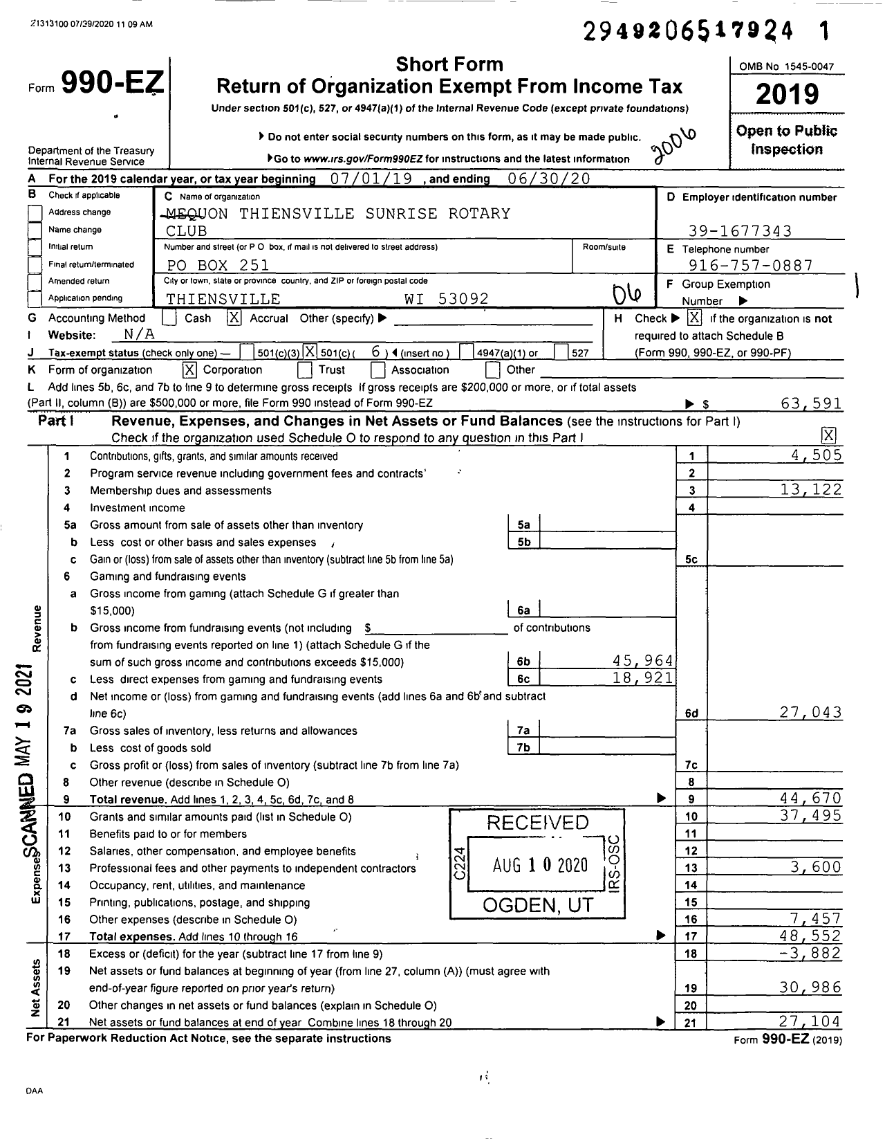 Image of first page of 2019 Form 990EO for Rotary International - Club of Mequon-Thiensville Sunrise