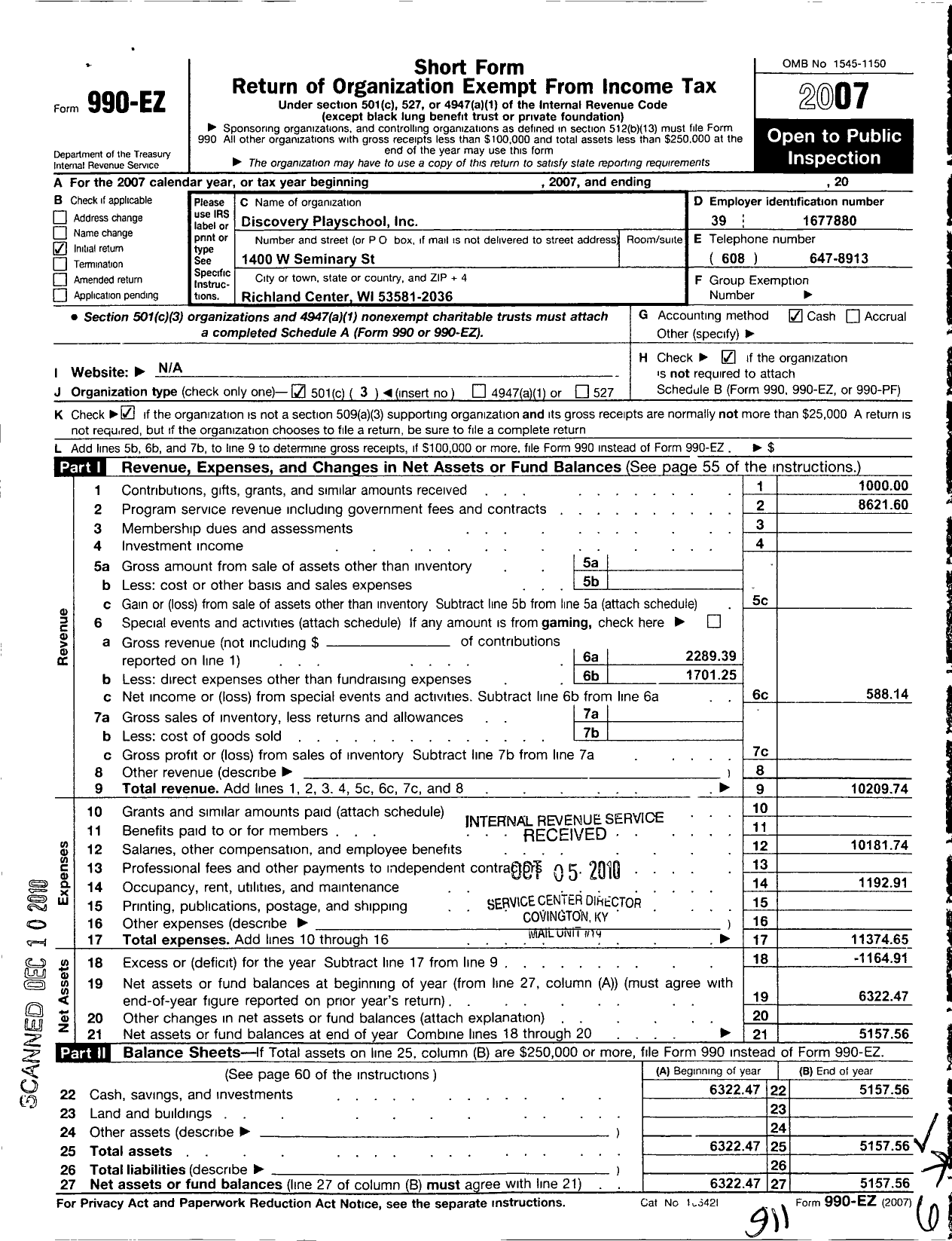 Image of first page of 2007 Form 990EZ for Discovery Playschool