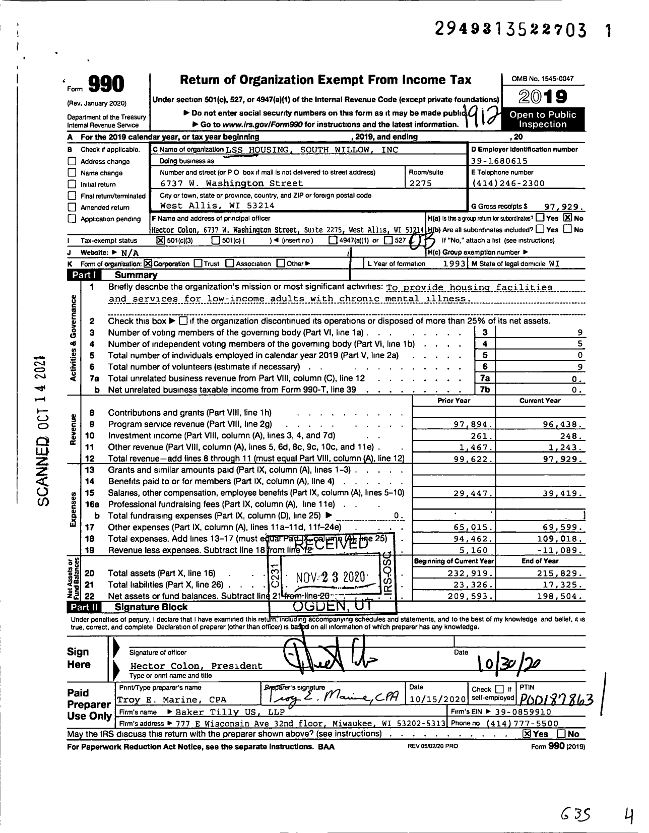 Image of first page of 2019 Form 990 for LSS Housing South Willow