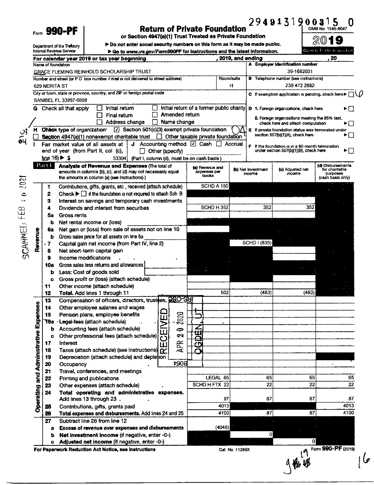 Image of first page of 2019 Form 990PF for Grace Fleming Reinhold Scholarship Trust