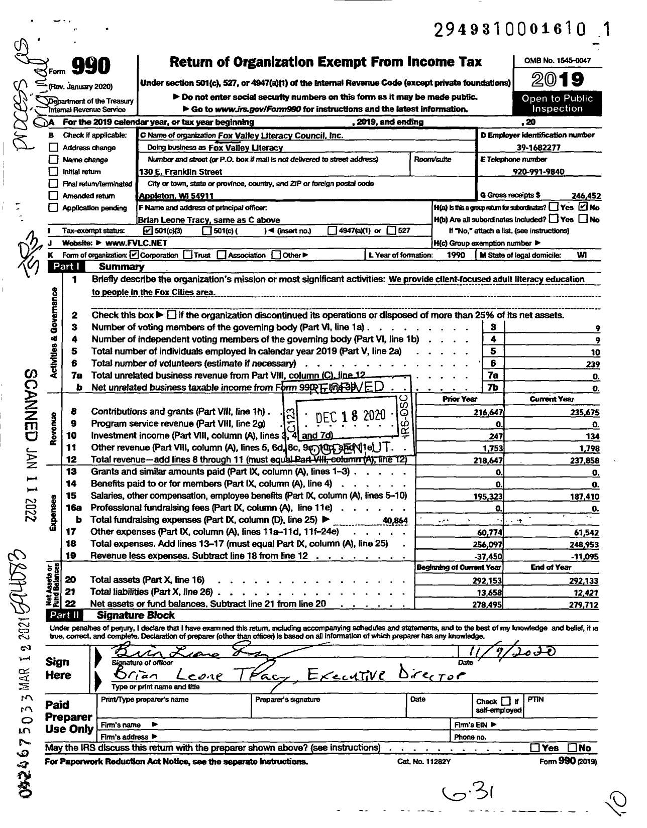 Image of first page of 2019 Form 990 for Fox Valley Literacy Council