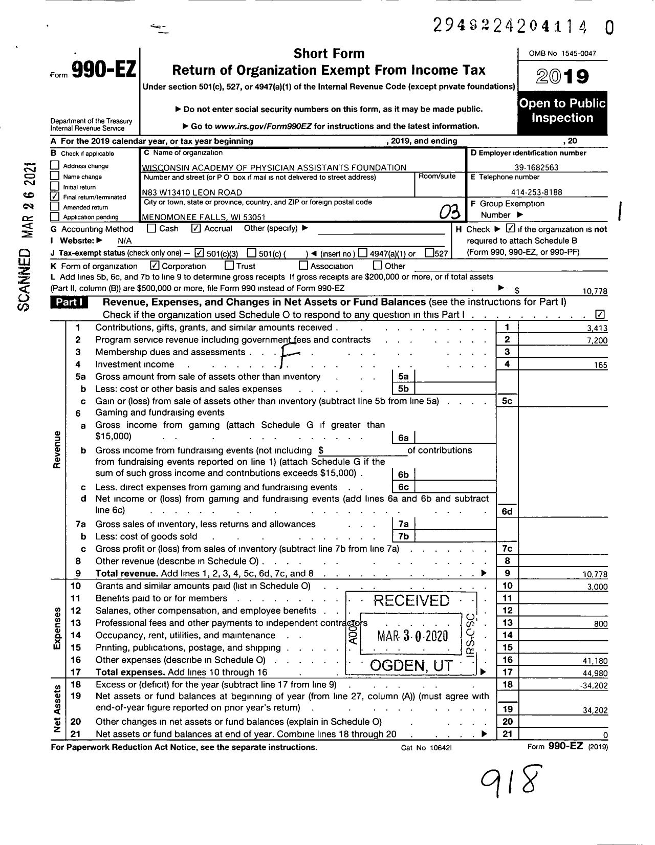 Image of first page of 2019 Form 990EZ for Wisconsin Academy of Physician Assistants Foundation