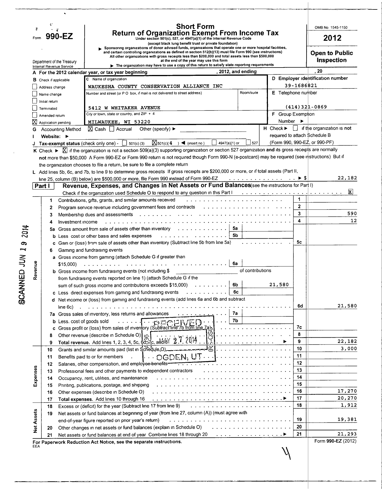 Image of first page of 2012 Form 990EO for Waukesha County Conservation Alliance