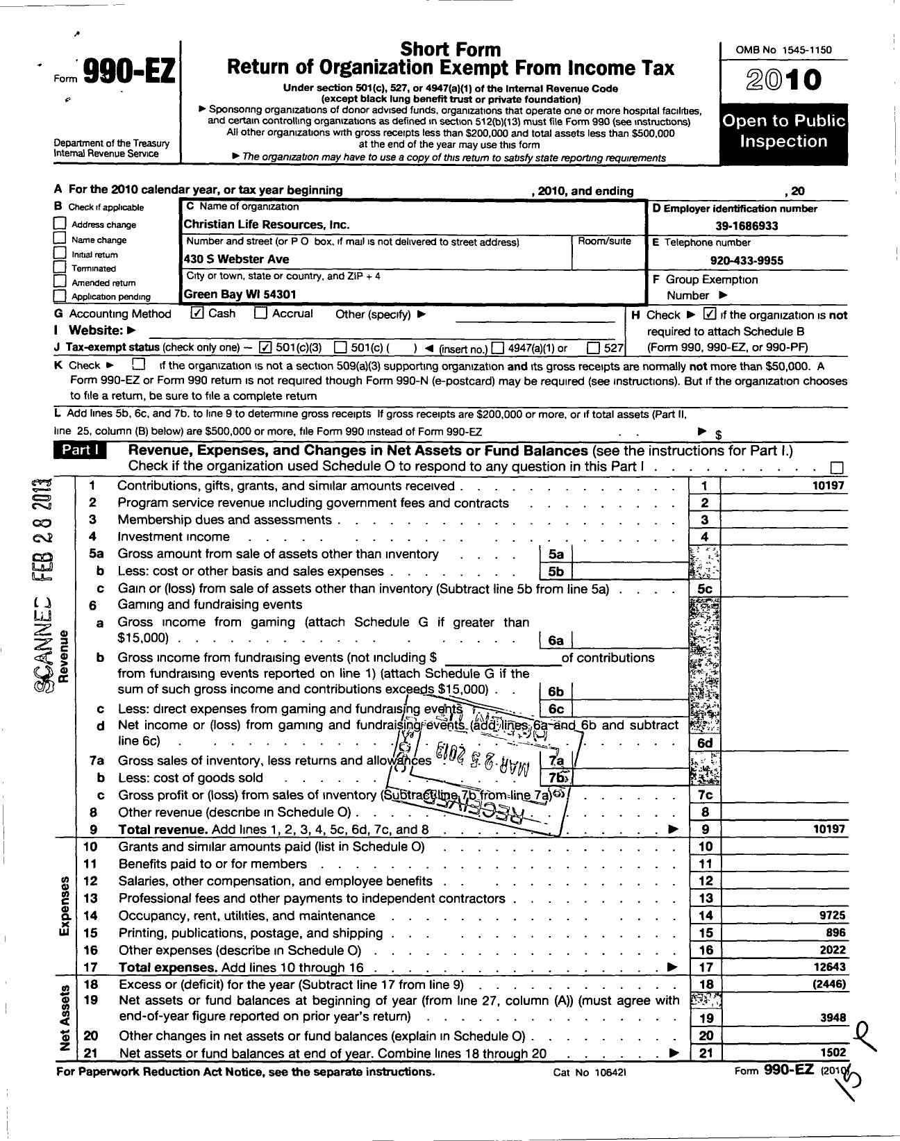Image of first page of 2010 Form 990EZ for Bay Area Life Center