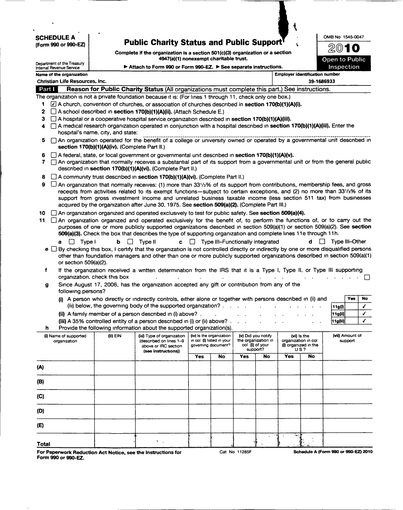 Image of first page of 2010 Form 990ER for Bay Area Life Center