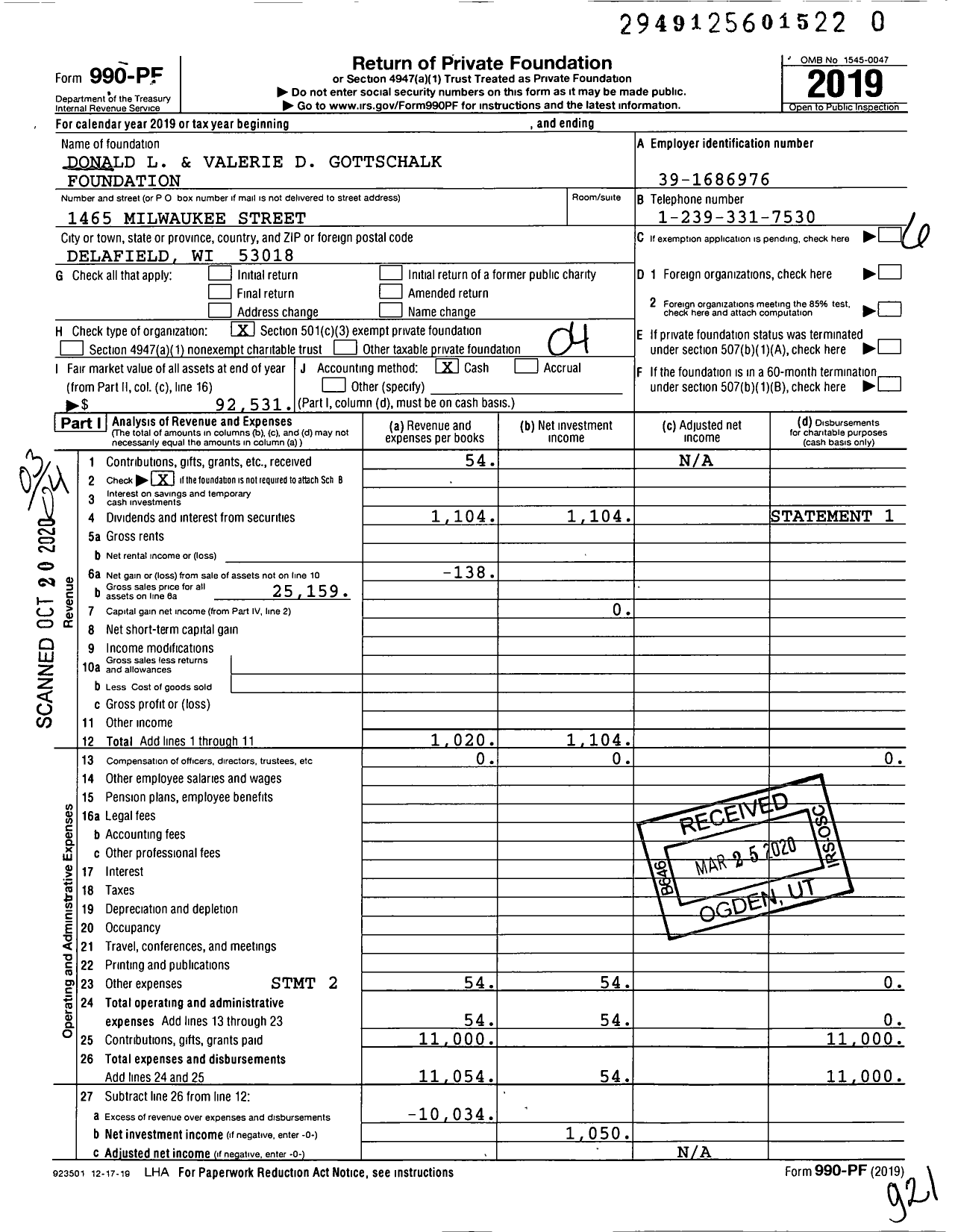 Image of first page of 2019 Form 990PR for Donald L and Valerie D Gottschalk Foundation