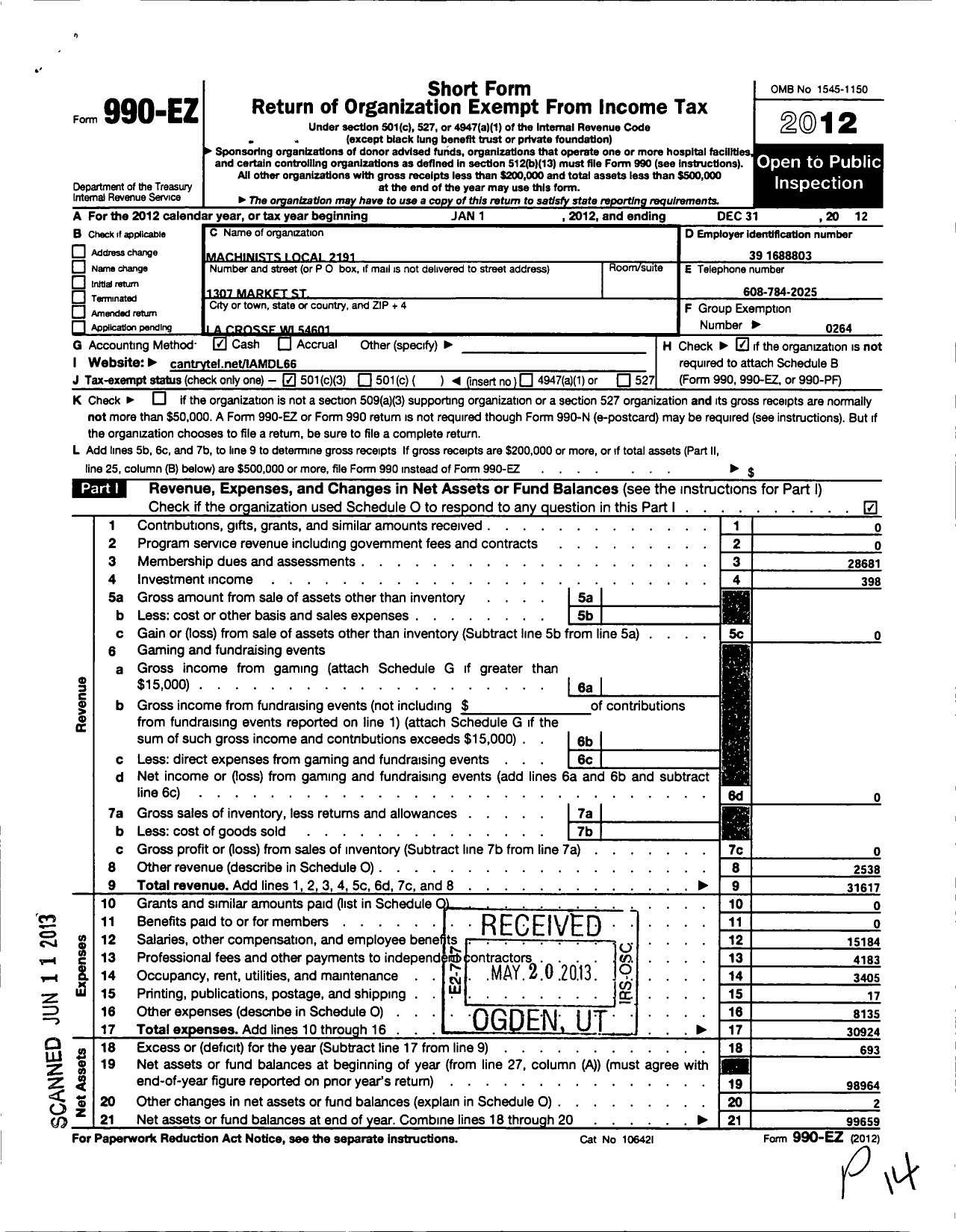 Image of first page of 2012 Form 990EZ for International Association of Machinists and Aerospace Workers - 2191