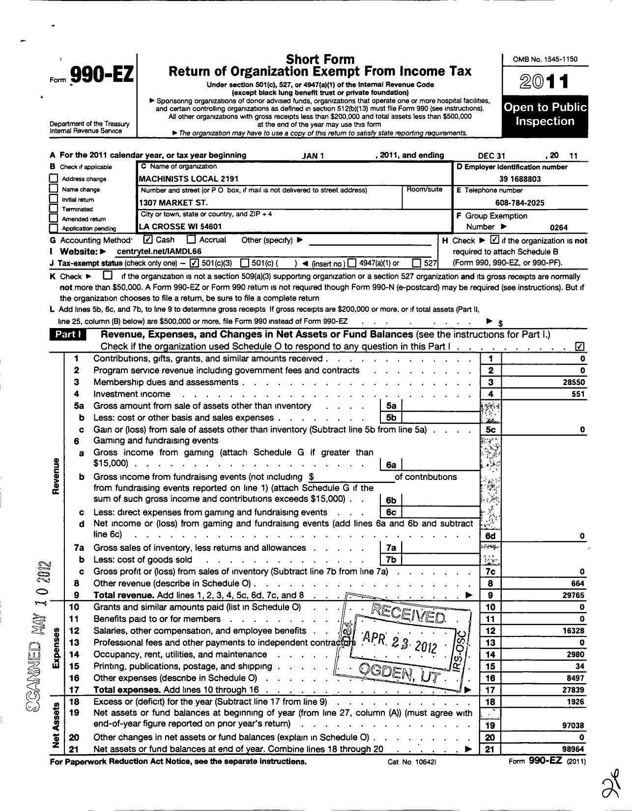 Image of first page of 2011 Form 990EZ for International Association of Machinists and Aerospace Workers - 2191