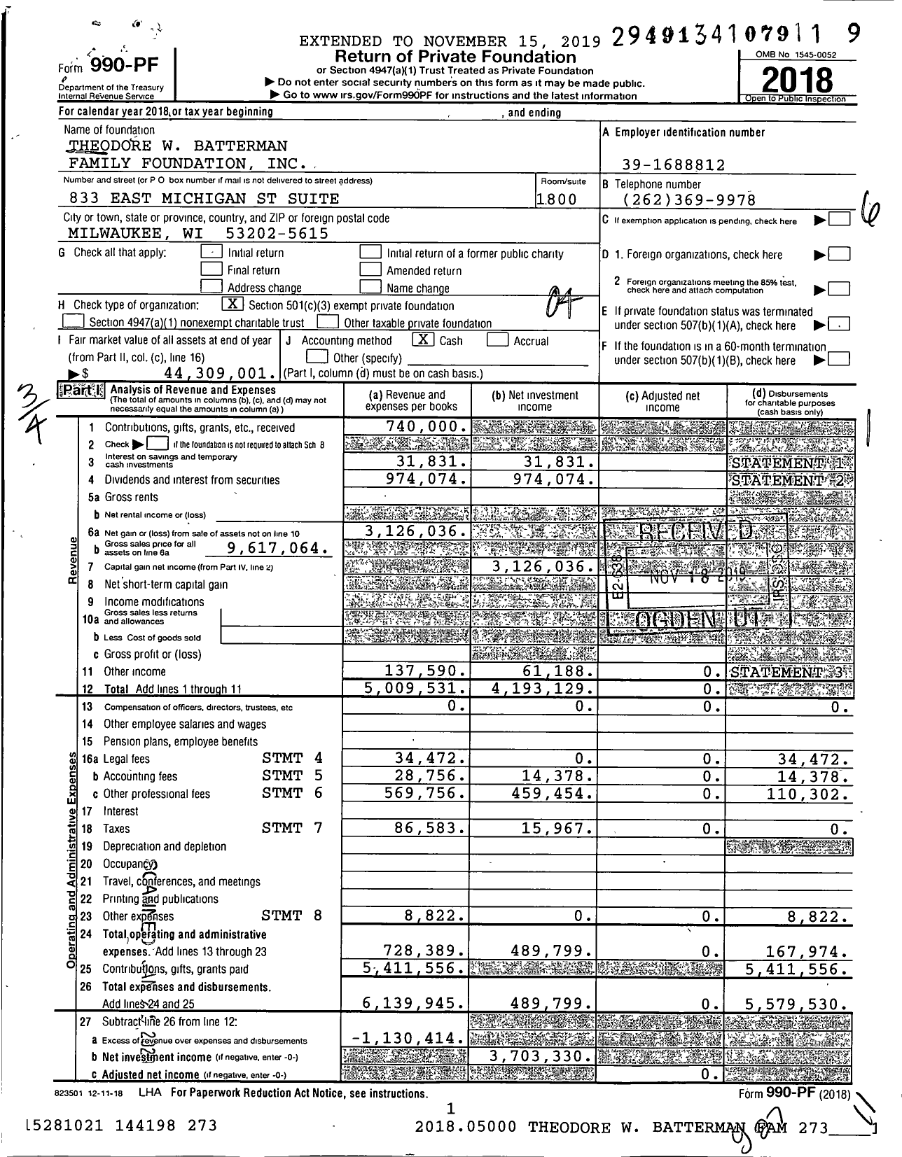 Image of first page of 2018 Form 990PF for Theodore W. Batterman Family Foundation