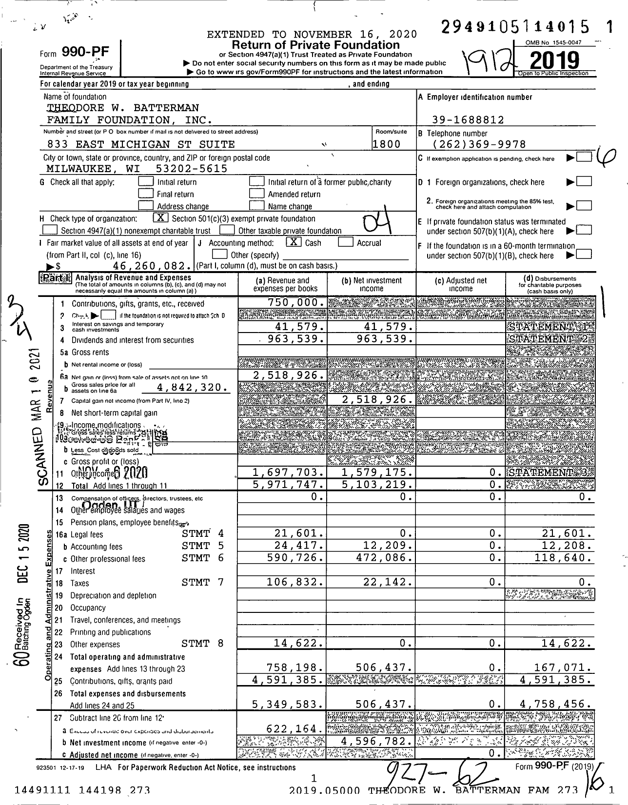 Image of first page of 2019 Form 990PF for Theodore W. Batterman Family Foundation