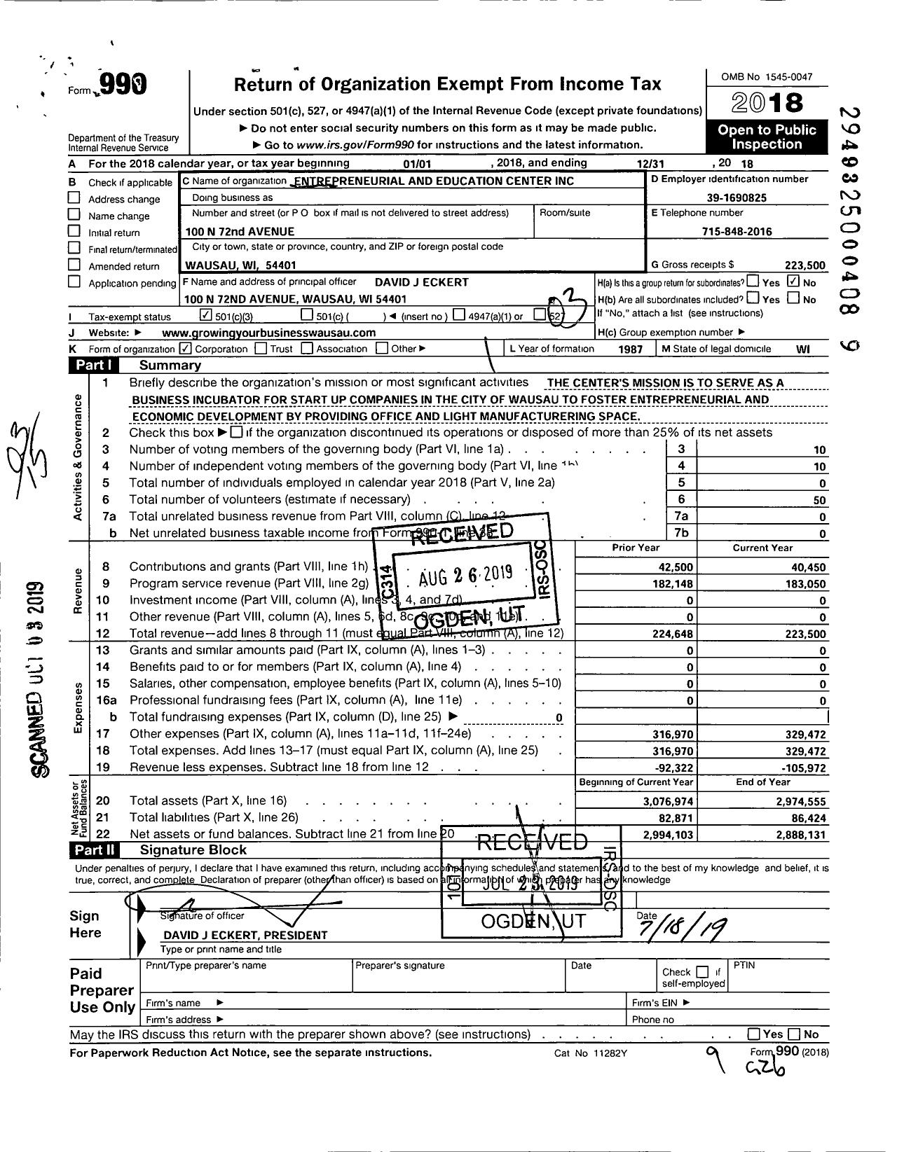 Image of first page of 2018 Form 990 for Entrepreneurial and Education Center
