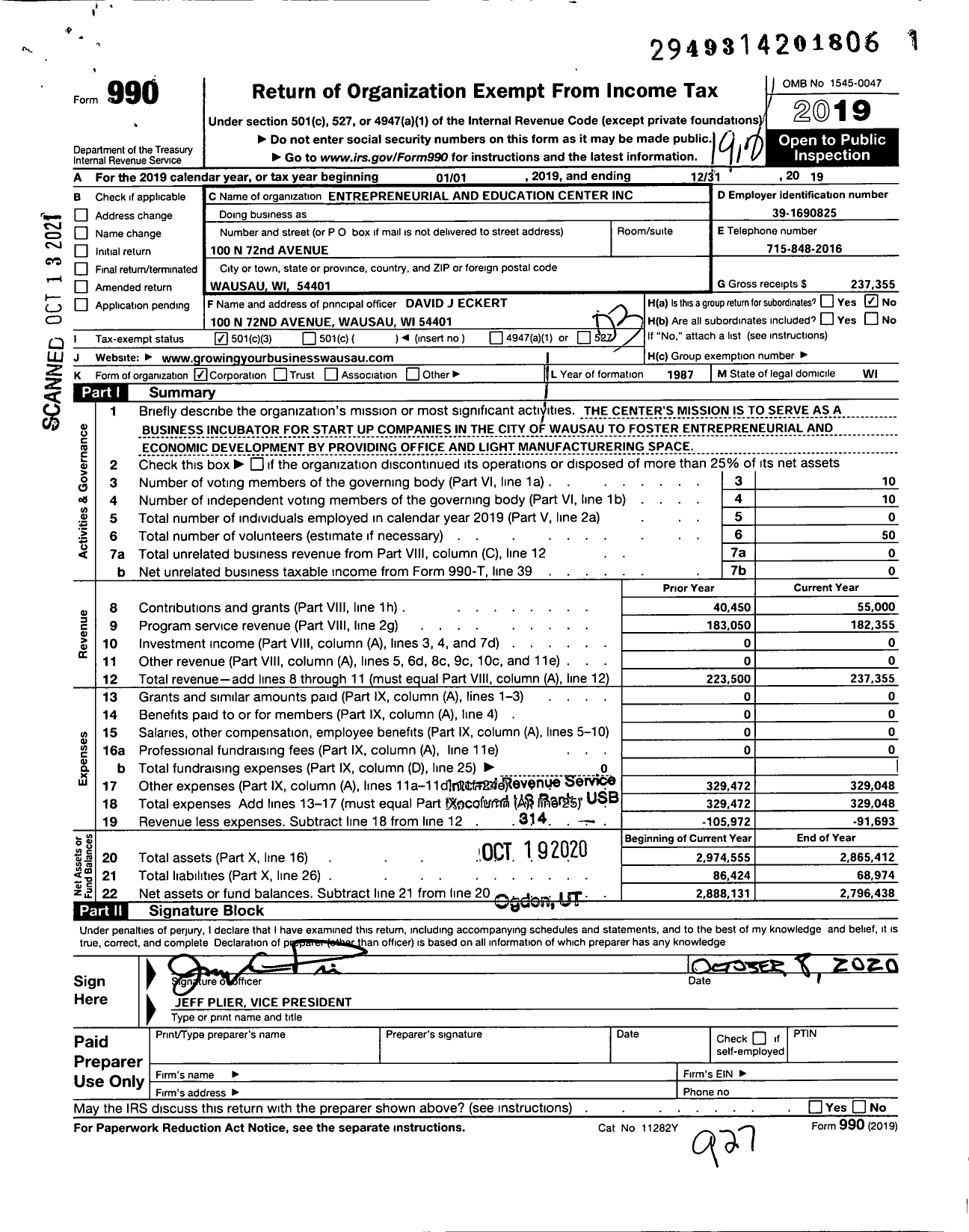 Image of first page of 2019 Form 990 for Entrepreneurial and Education Center