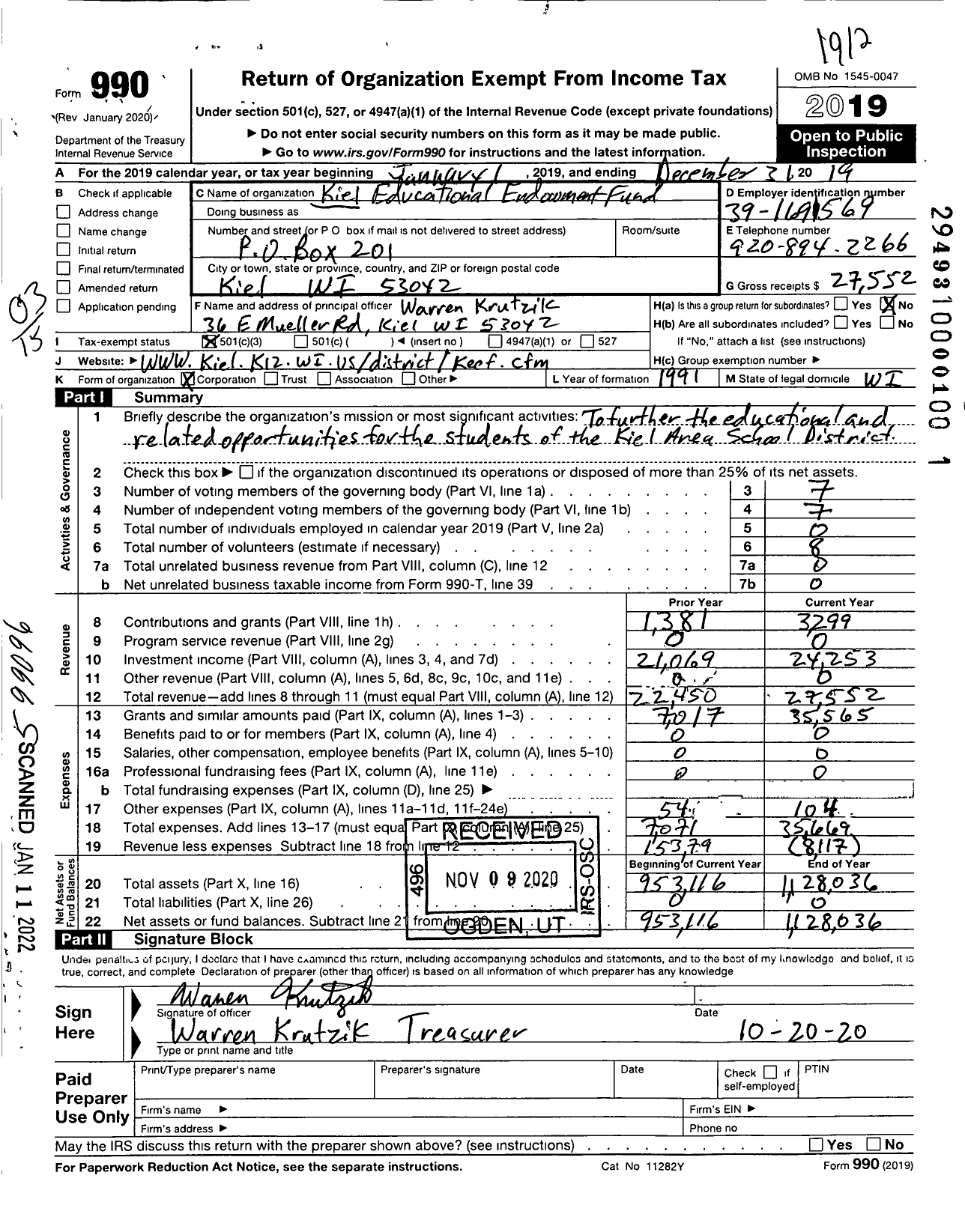 Image of first page of 2019 Form 990 for Kiel Educational Endowment Fund (KEEF)