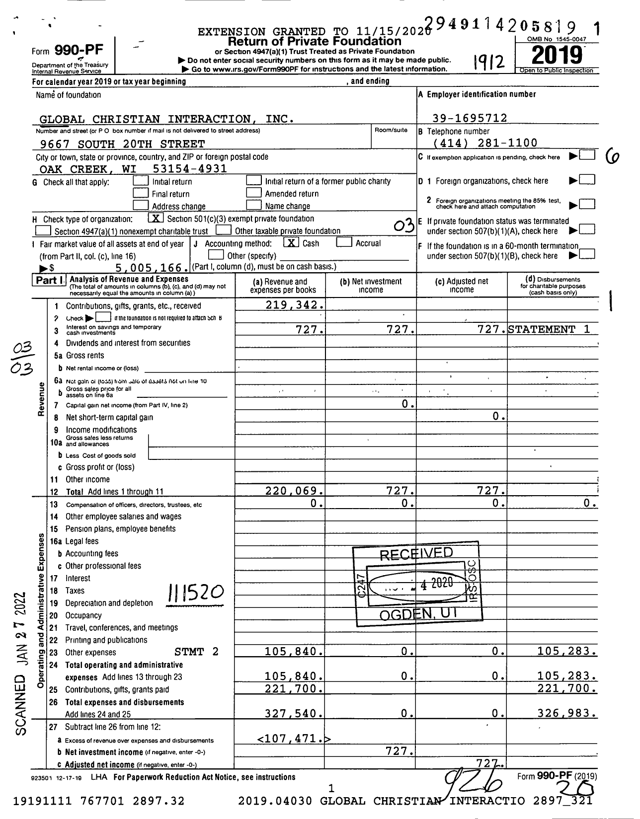 Image of first page of 2019 Form 990PF for Global Christian Interaction