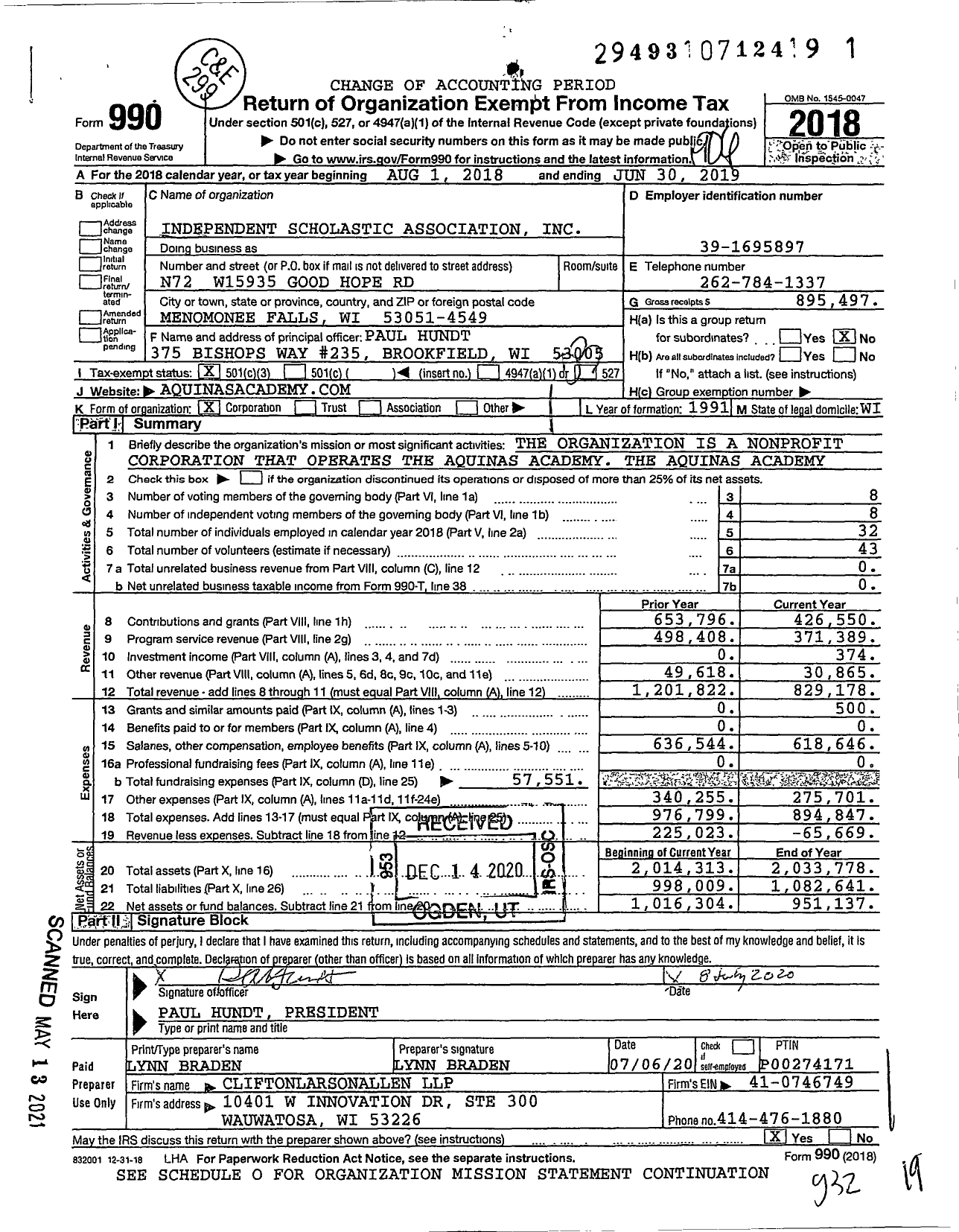 Image of first page of 2018 Form 990 for Independent Scholastic Association